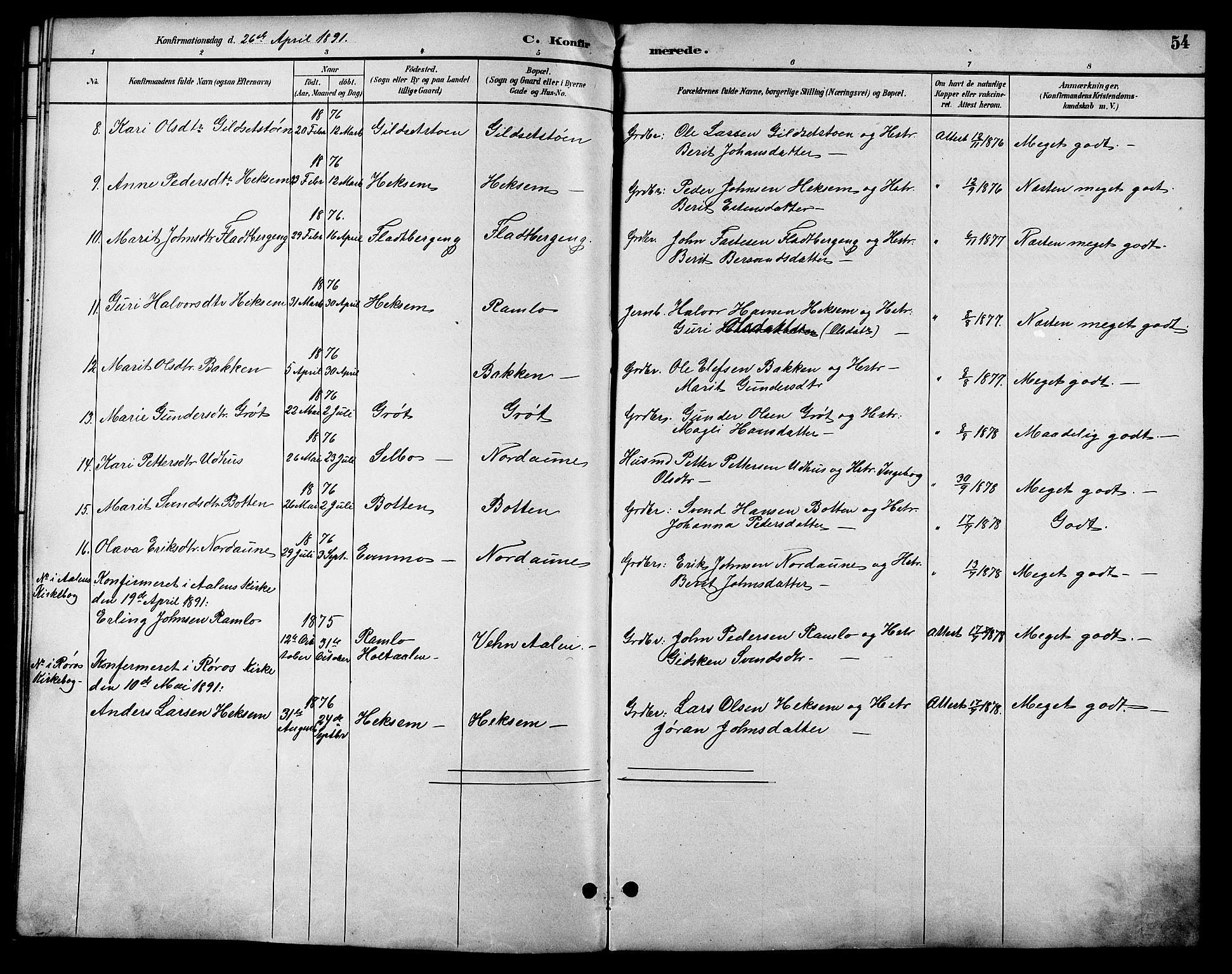 Ministerialprotokoller, klokkerbøker og fødselsregistre - Sør-Trøndelag, AV/SAT-A-1456/685/L0978: Parish register (copy) no. 685C03, 1891-1907, p. 54