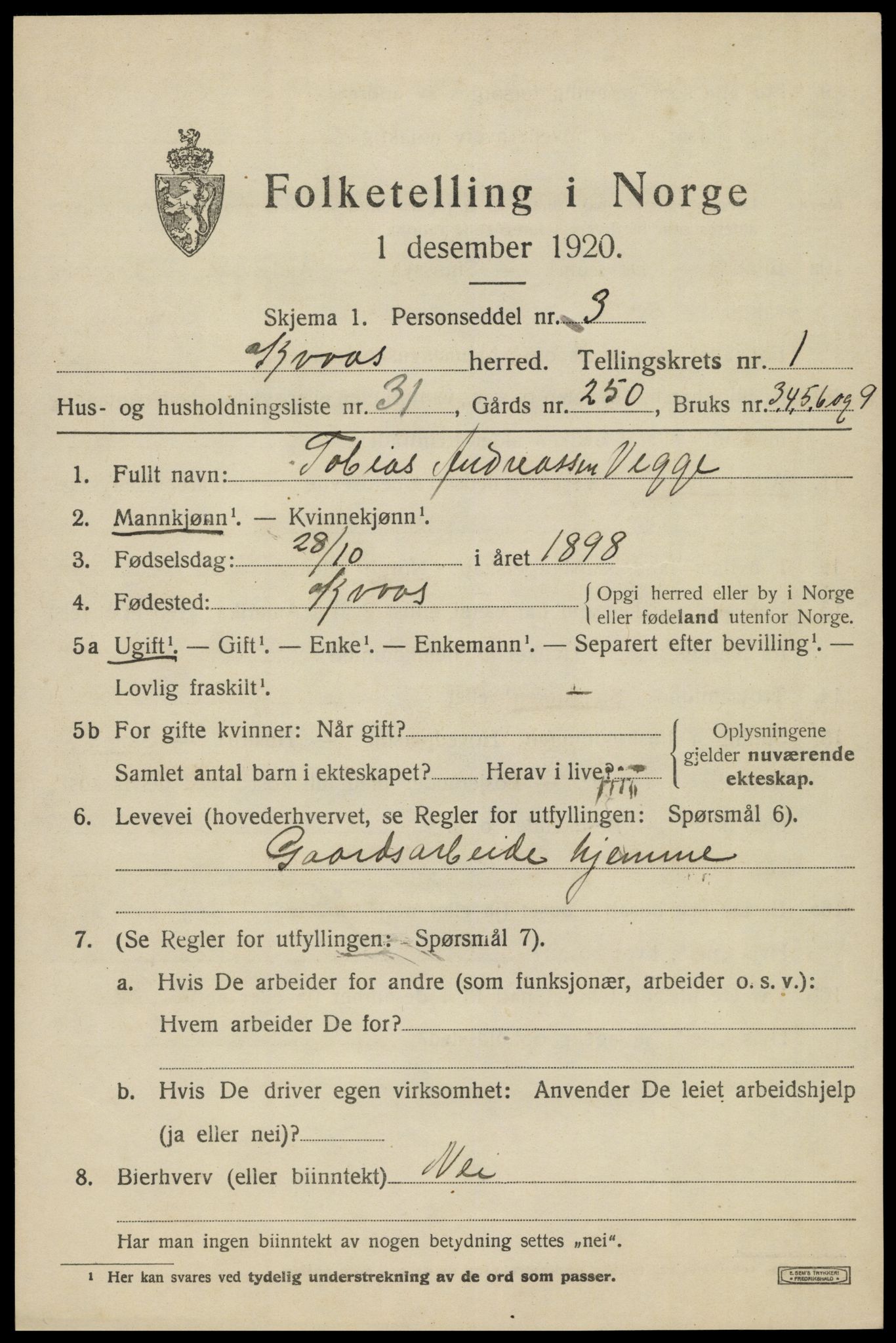 SAK, 1920 census for Kvås, 1920, p. 666