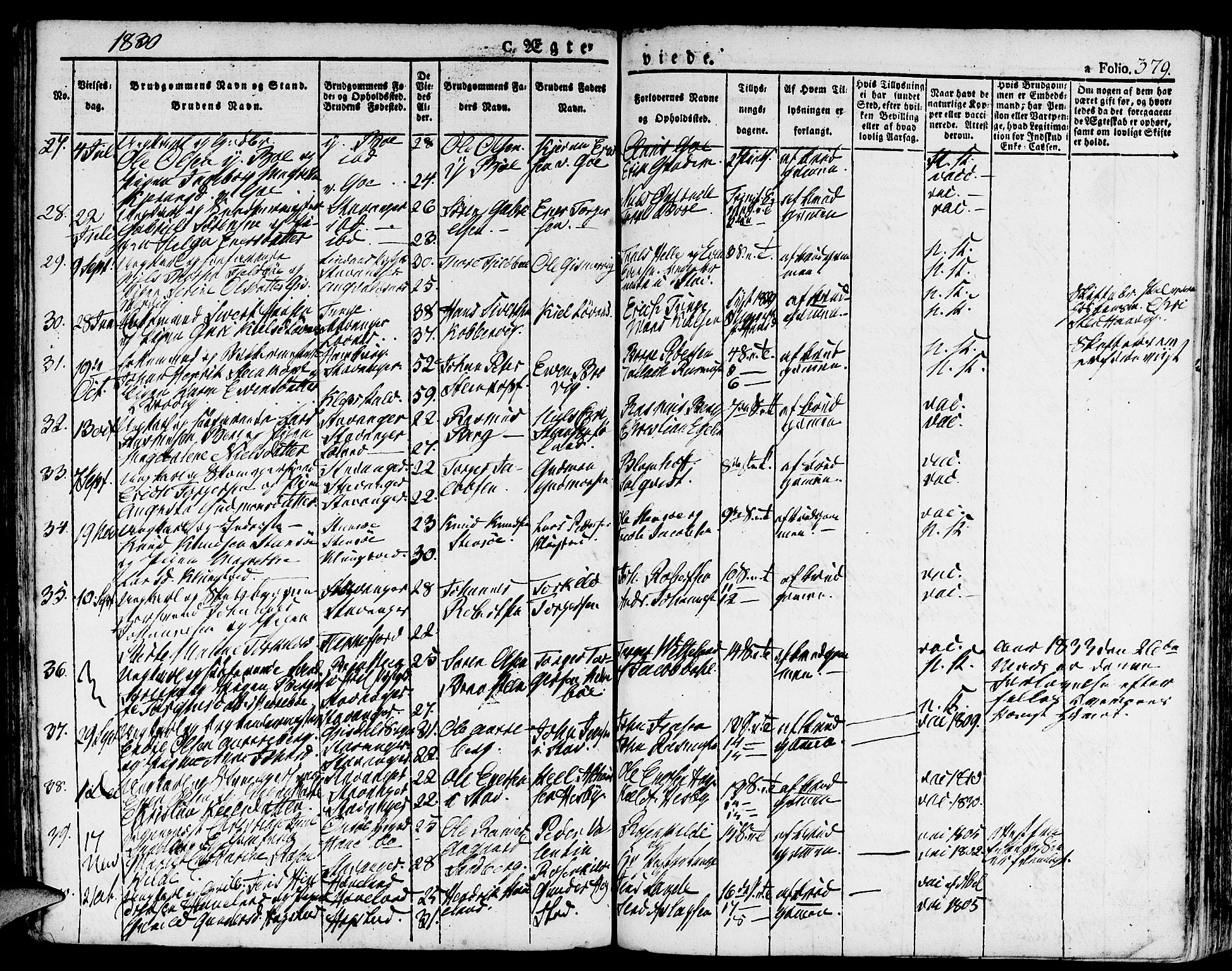 Domkirken sokneprestkontor, SAST/A-101812/001/30/30BA/L0009: Parish register (official) no. A 9, 1821-1832, p. 379