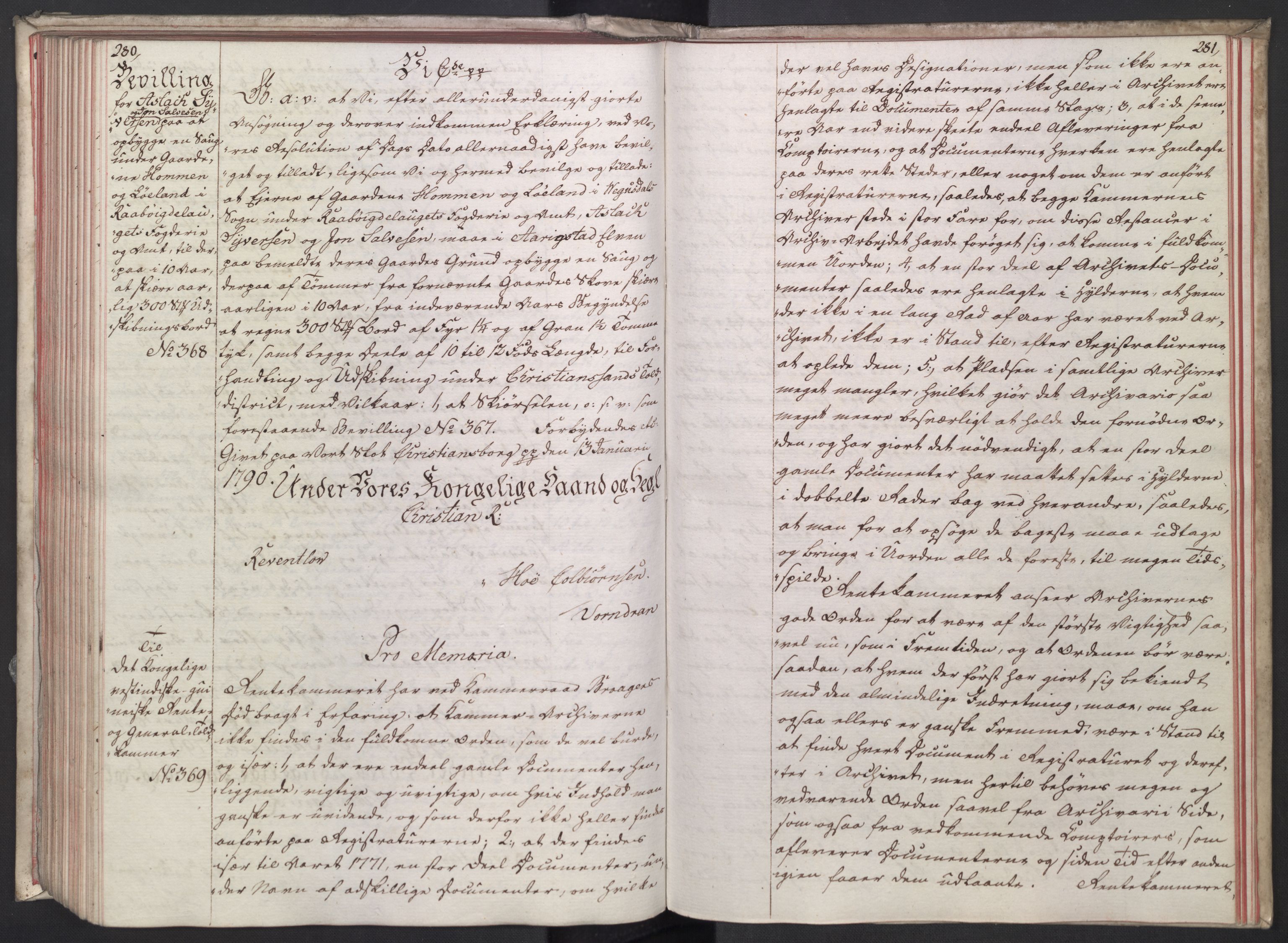 Rentekammeret, Kammerkanselliet, RA/EA-3111/G/Gg/Gga/L0014: Norsk ekspedisjonsprotokoll med register (merket RK 53.14), 1787-1790, p. 280-281