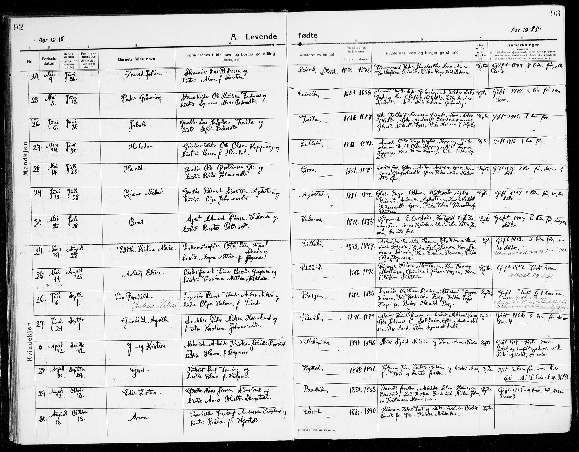 Stord sokneprestembete, SAB/A-78201/H/Haa: Parish register (official) no. B 3, 1913-1925, p. 92-93