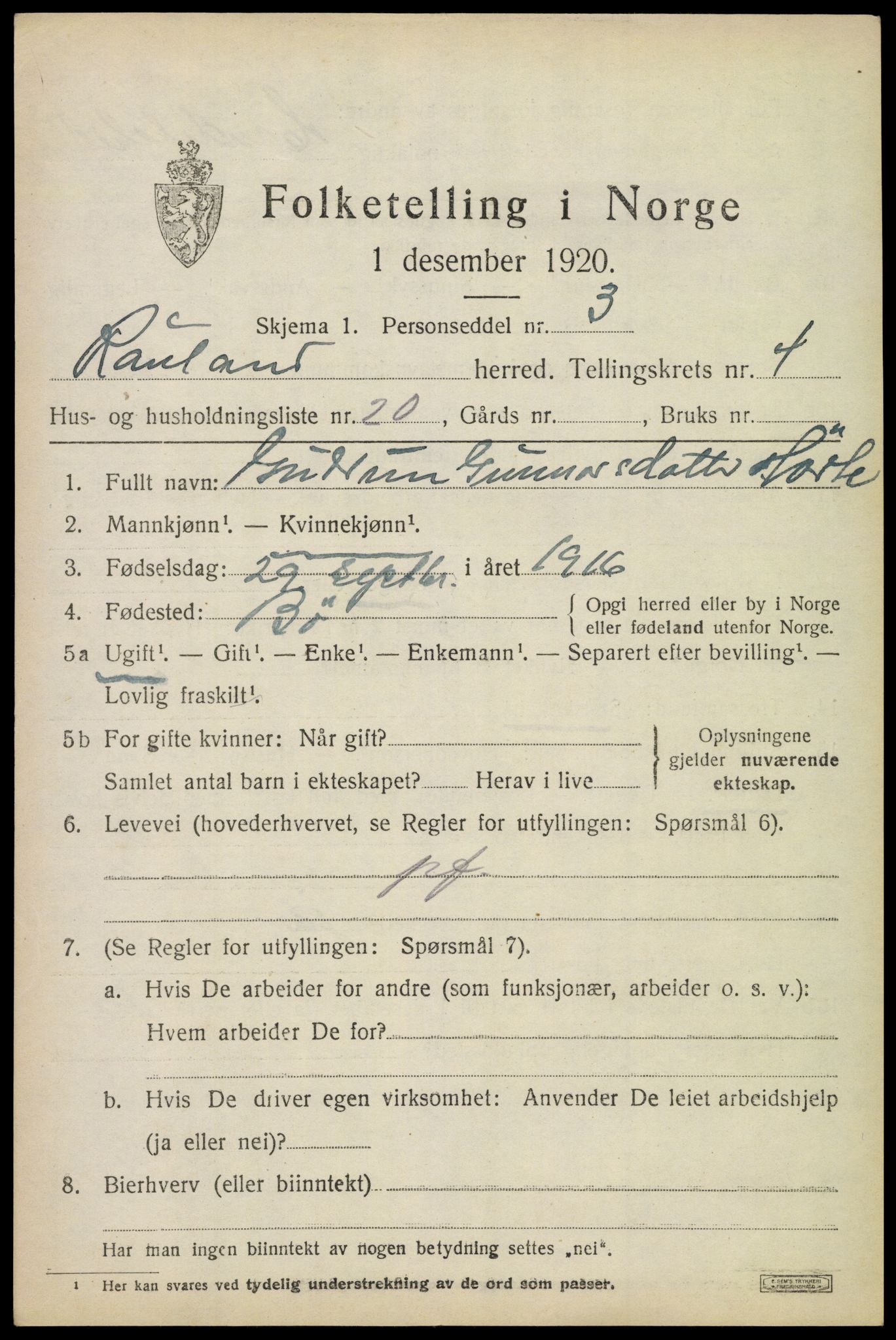 SAKO, 1920 census for Rauland, 1920, p. 1006