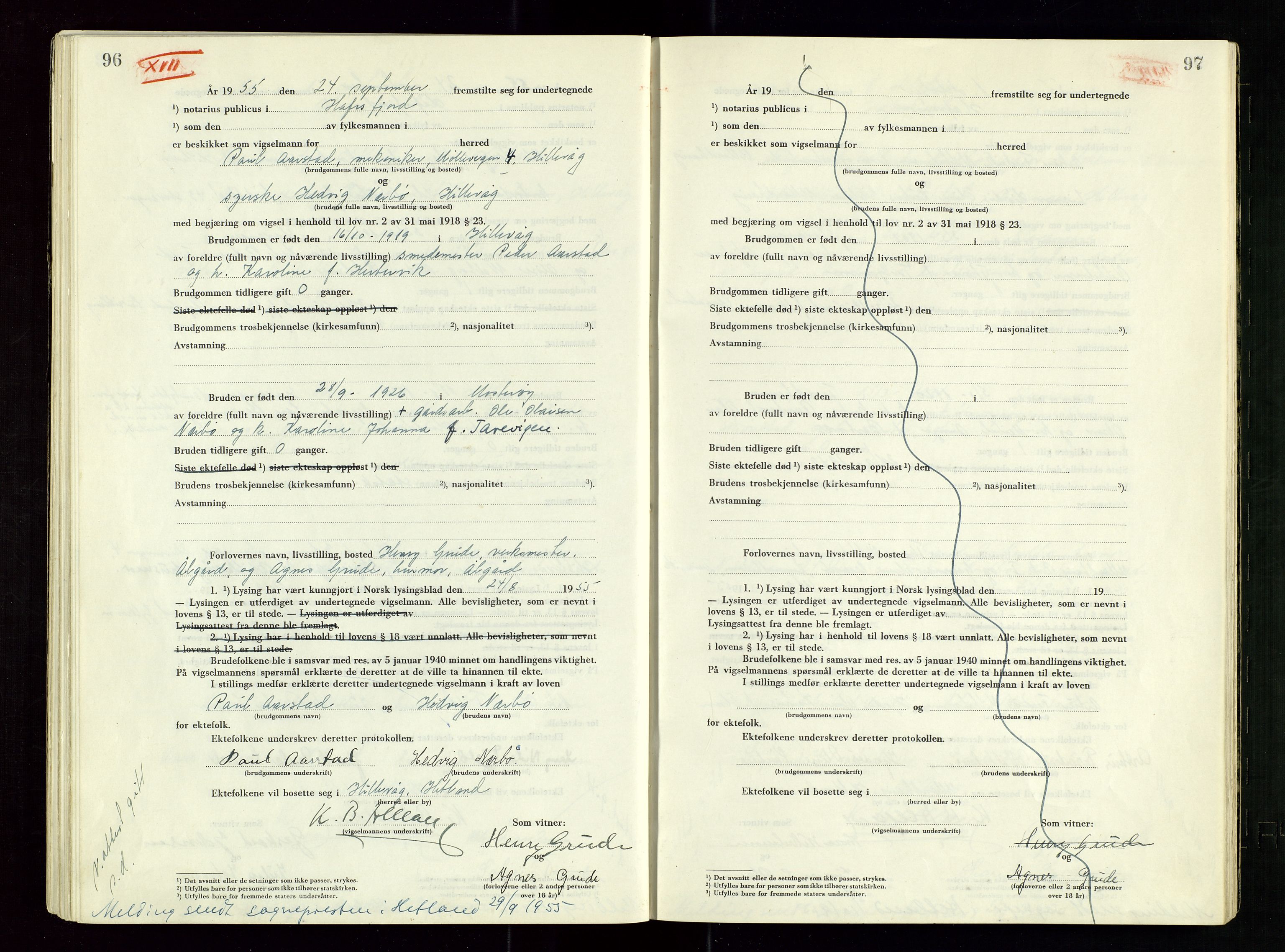 Hafrsfjord sorenskriveri, SAST/A-100313/I/Ic/L0001: "Vigsels-bok", 1951-1959, p. 96-97