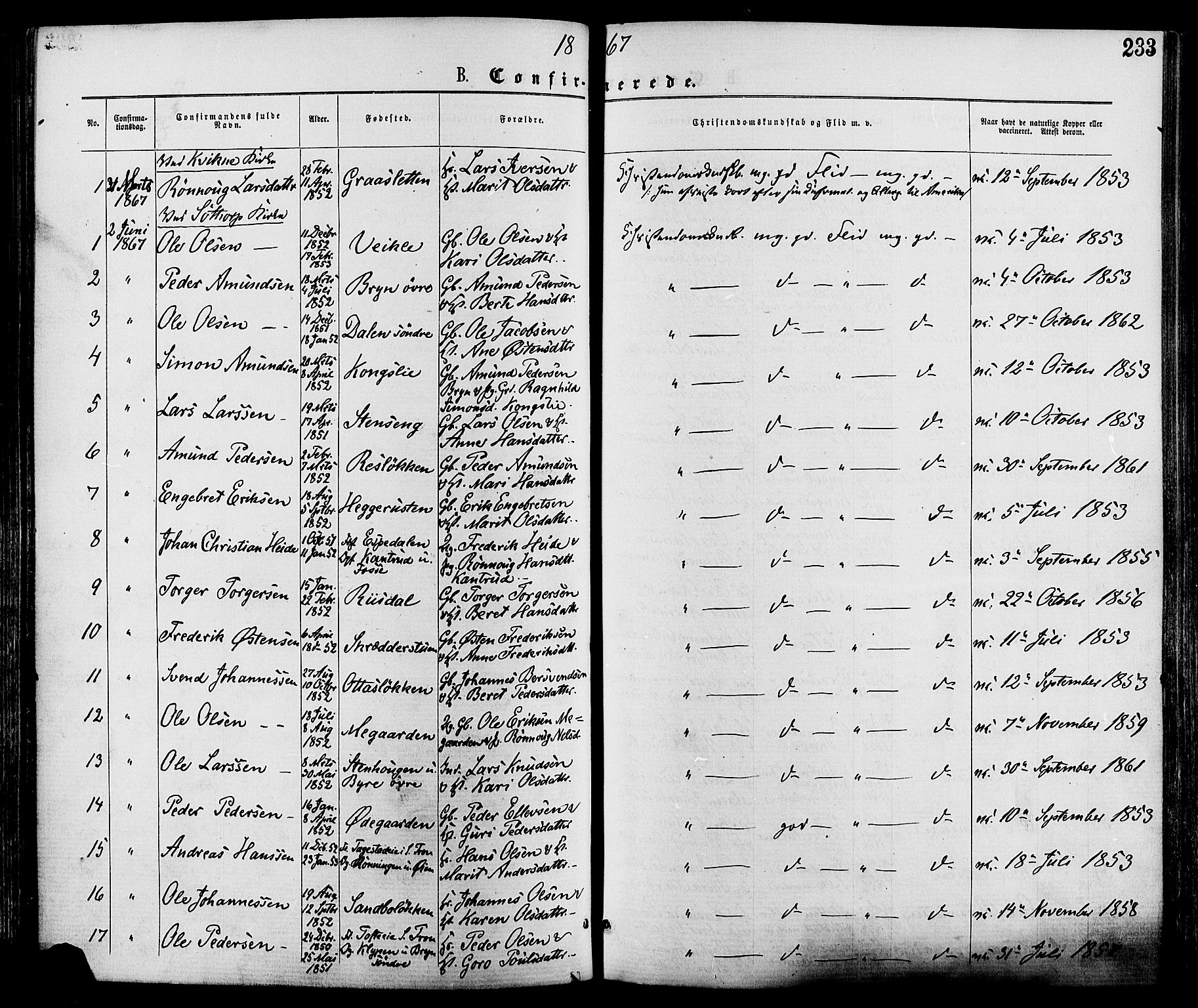 Nord-Fron prestekontor, SAH/PREST-080/H/Ha/Haa/L0002: Parish register (official) no. 2, 1865-1883, p. 233
