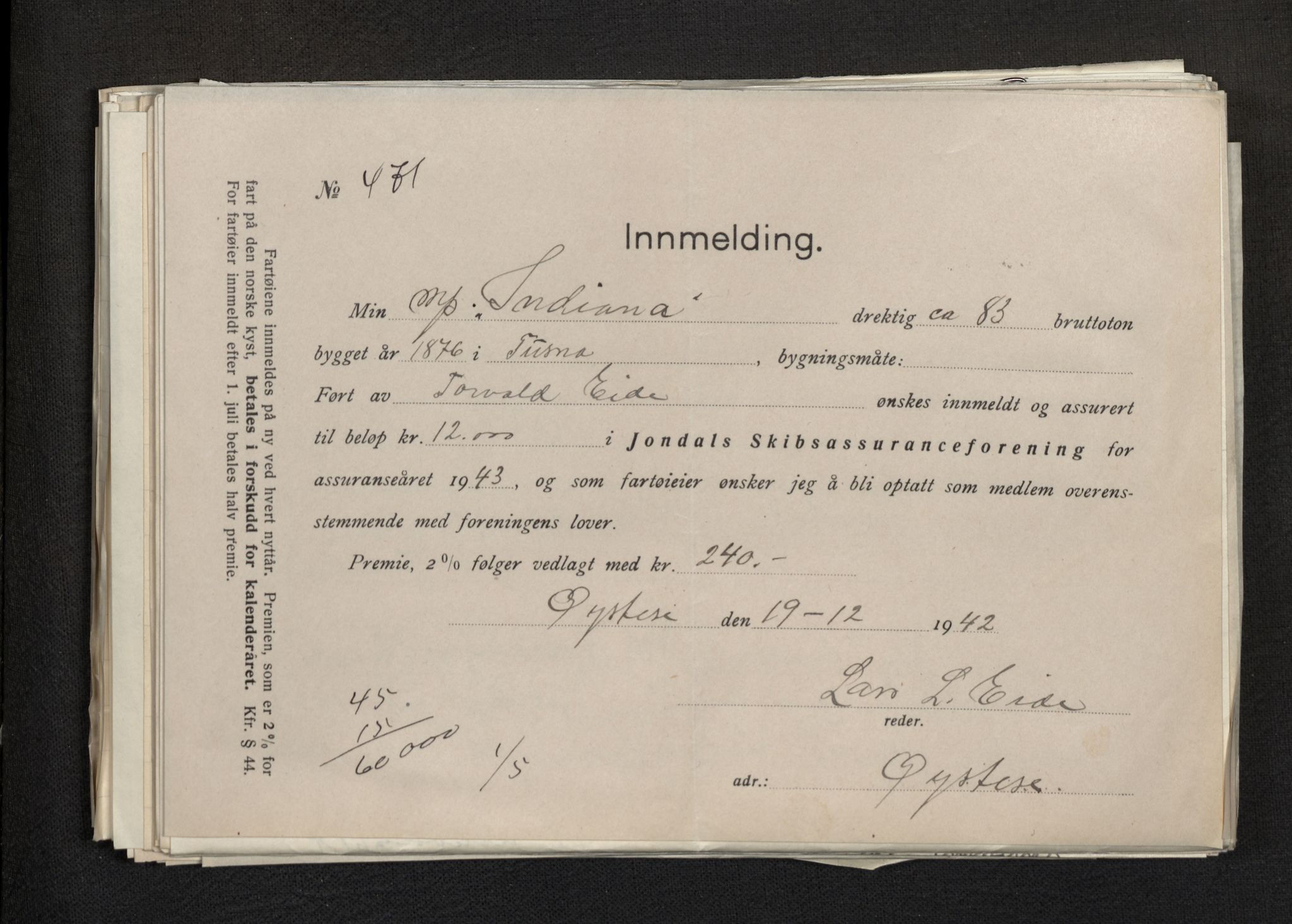 Jondal Skipsassuranseforening, AV/SAB-SAB/PA-0276/E/L0113: Korrespondanse , 1943