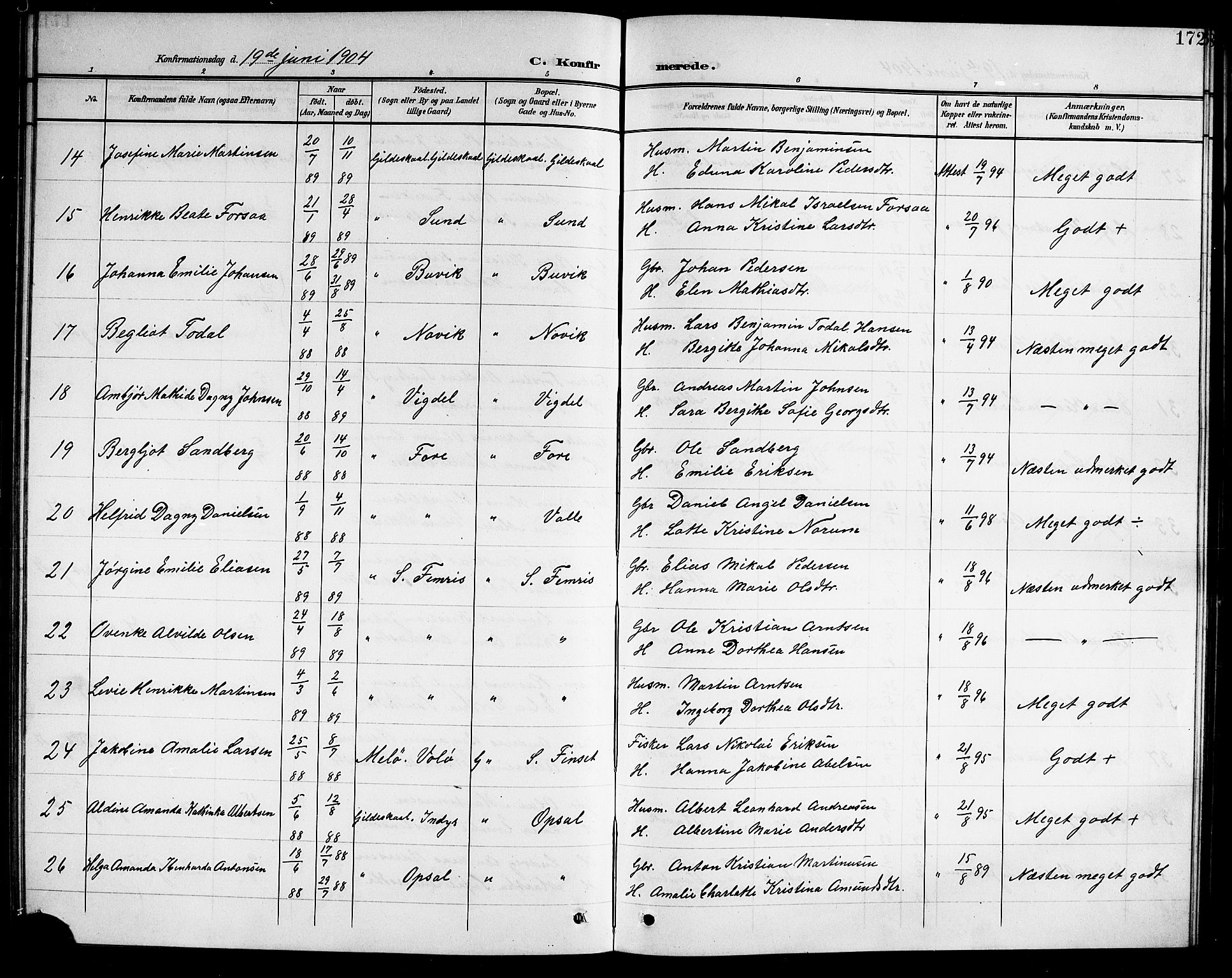 Ministerialprotokoller, klokkerbøker og fødselsregistre - Nordland, AV/SAT-A-1459/805/L0109: Parish register (copy) no. 805C05, 1900-1911, p. 172