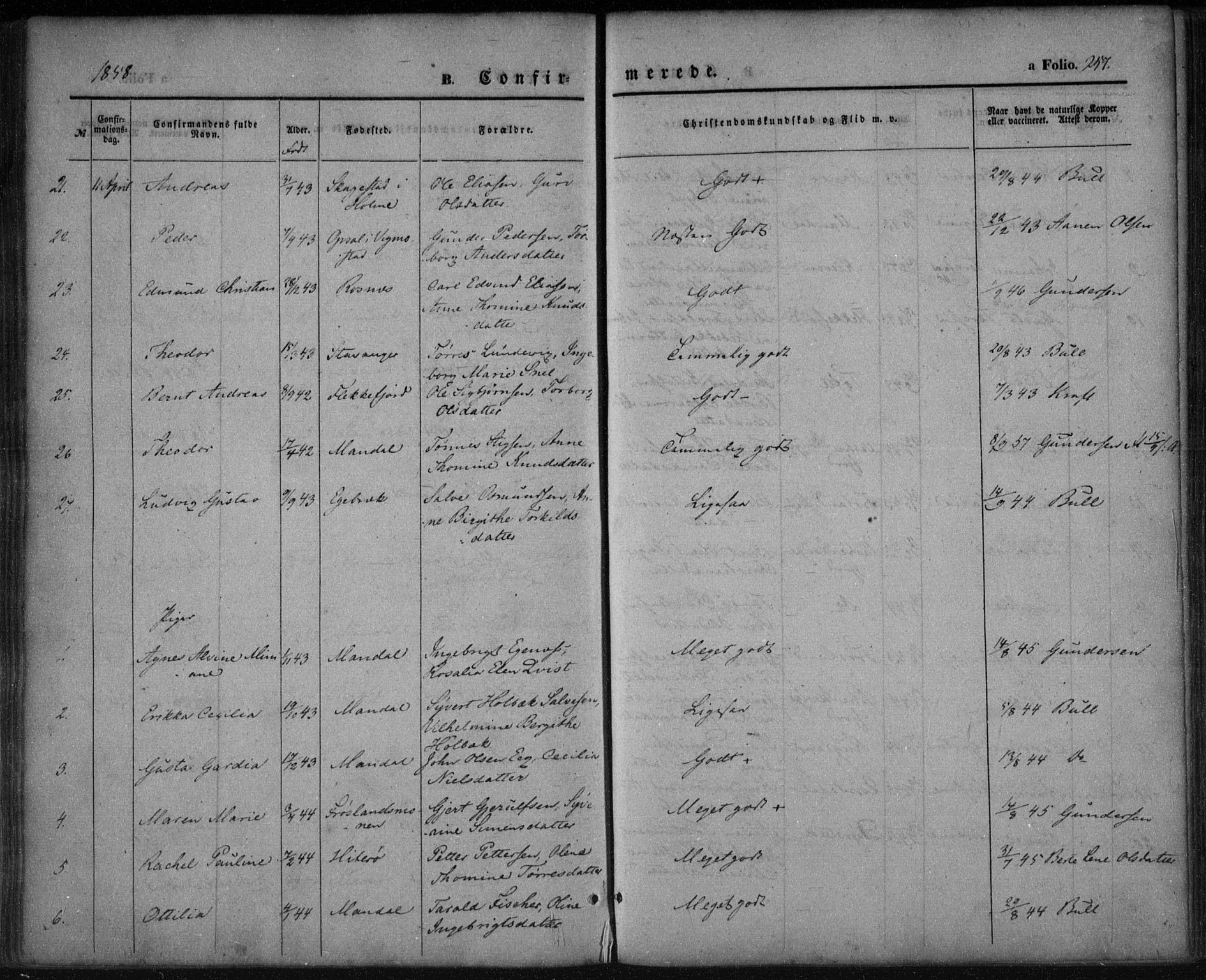 Mandal sokneprestkontor, AV/SAK-1111-0030/F/Fa/Faa/L0013: Parish register (official) no. A 13, 1847-1859, p. 257