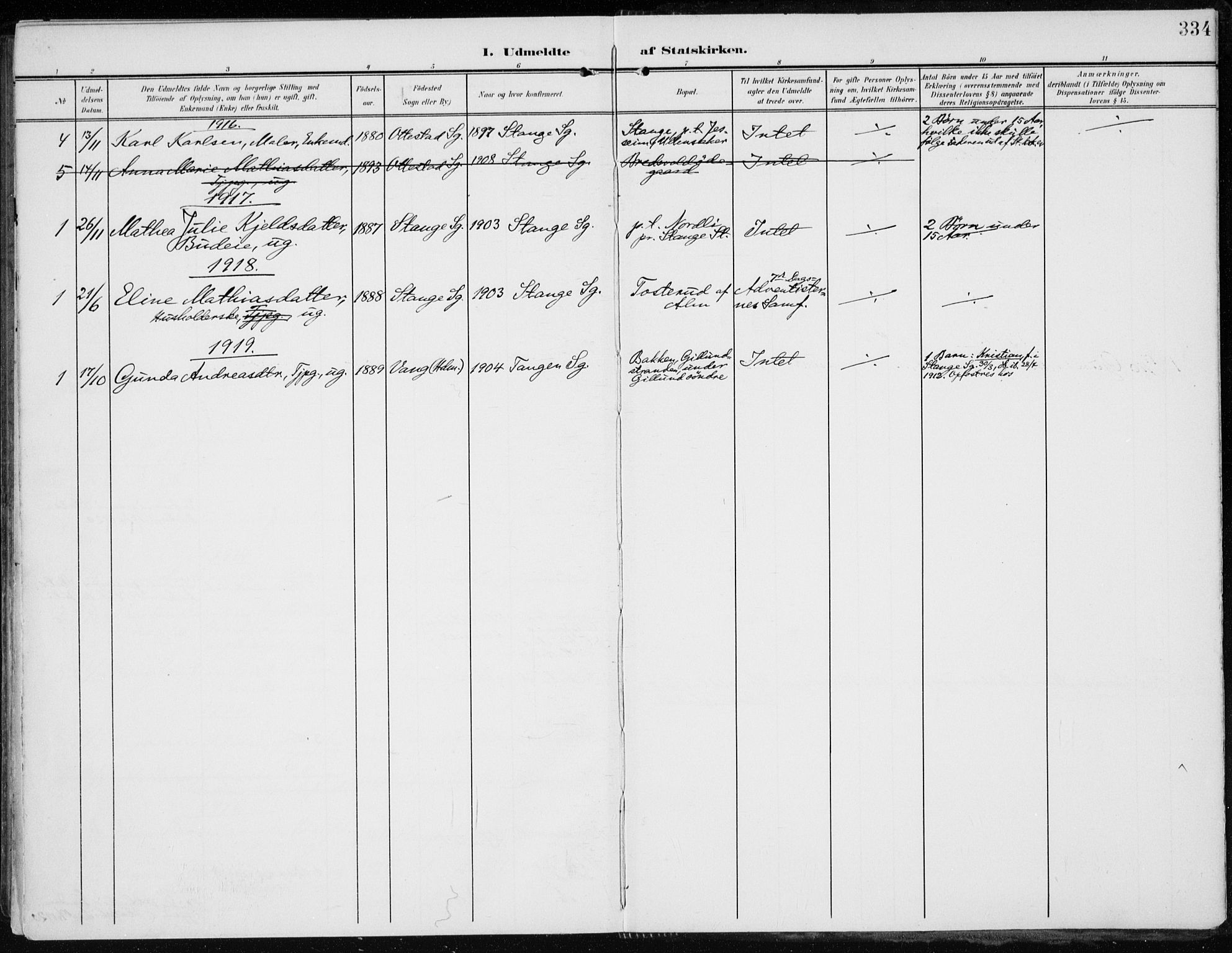 Stange prestekontor, SAH/PREST-002/K/L0024: Parish register (official) no. 24, 1906-1922, p. 334
