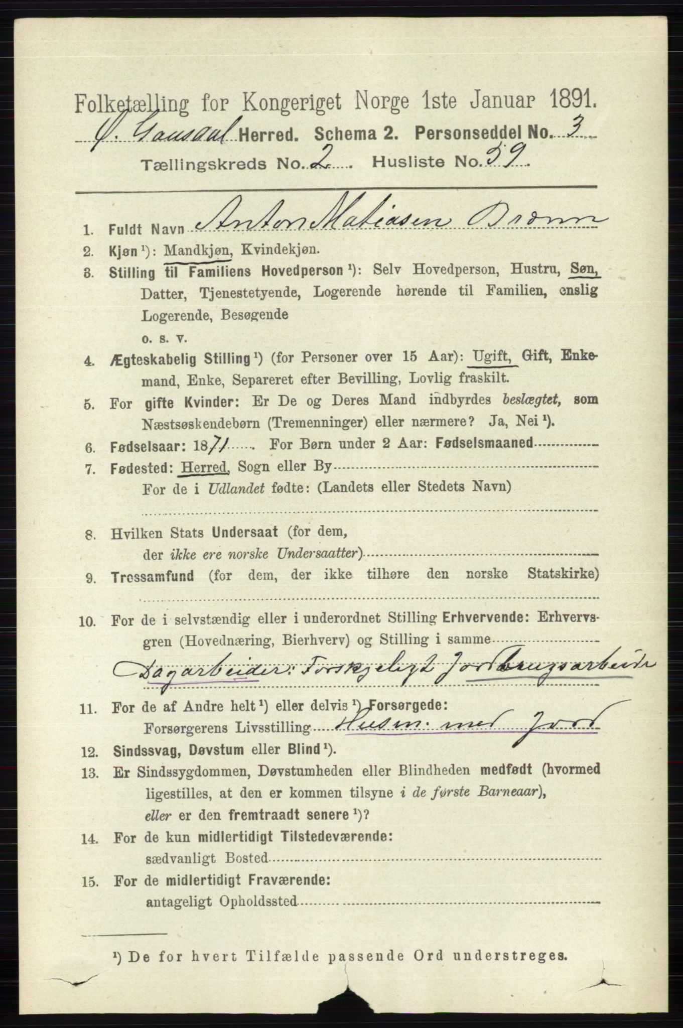 RA, 1891 census for 0522 Østre Gausdal, 1891, p. 1595