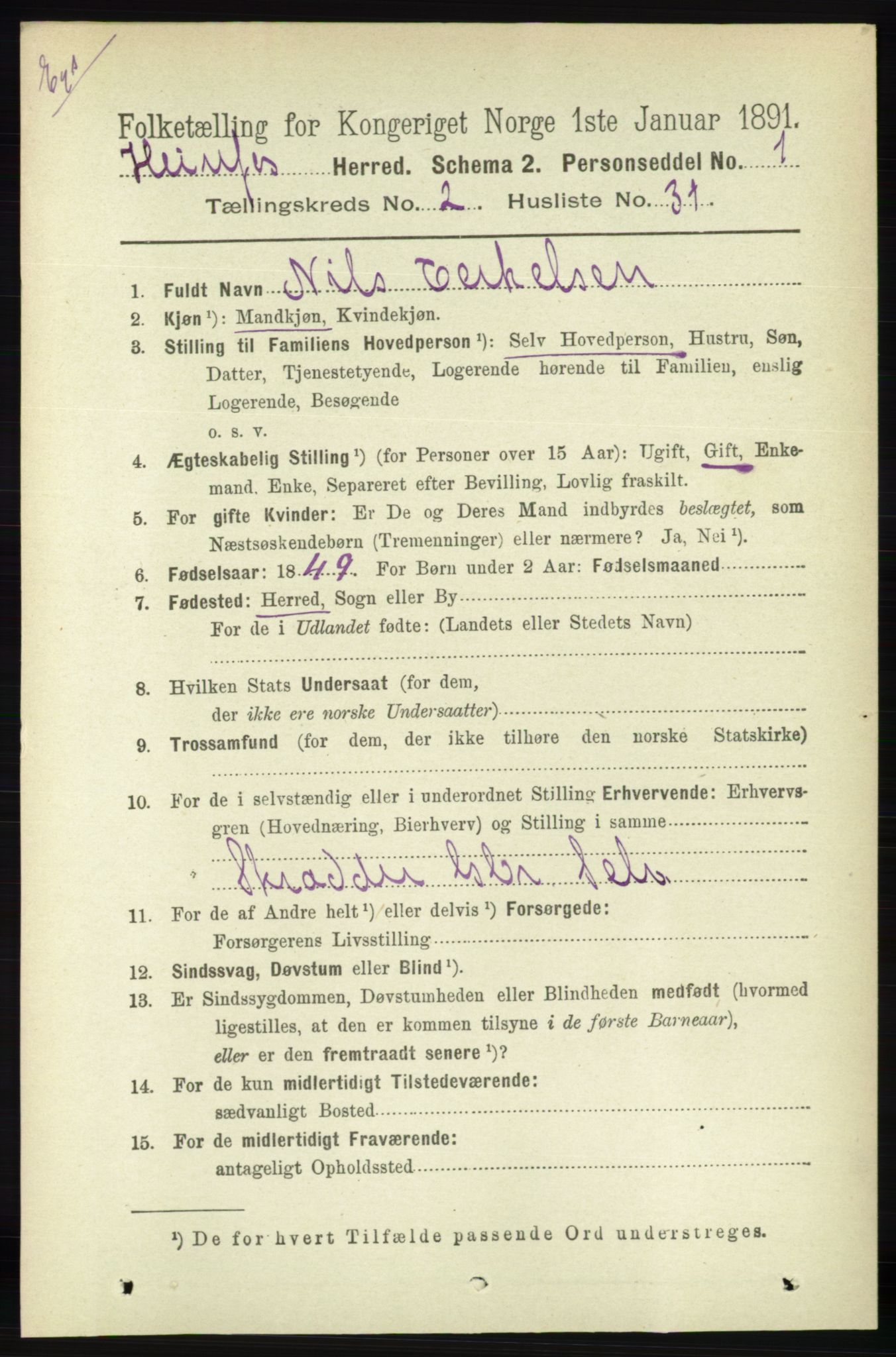 RA, Census 1891 for Nedenes amt: Gjenparter av personsedler for beslektede ektefeller, menn, 1891, p. 419