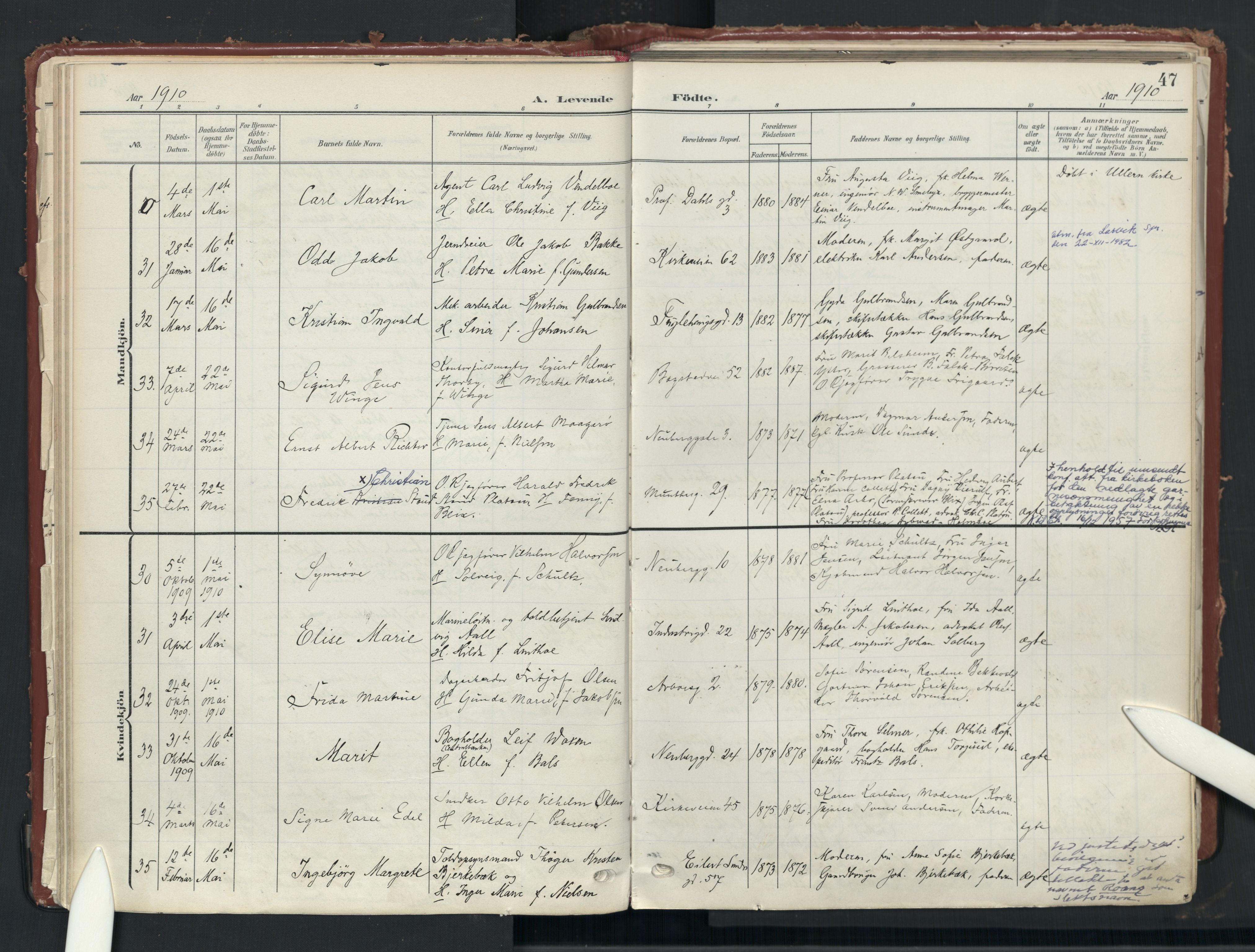 Uranienborg prestekontor Kirkebøker, AV/SAO-A-10877/F/Fa/L0010: Parish register (official) no. I 10, 1907-1928, p. 47