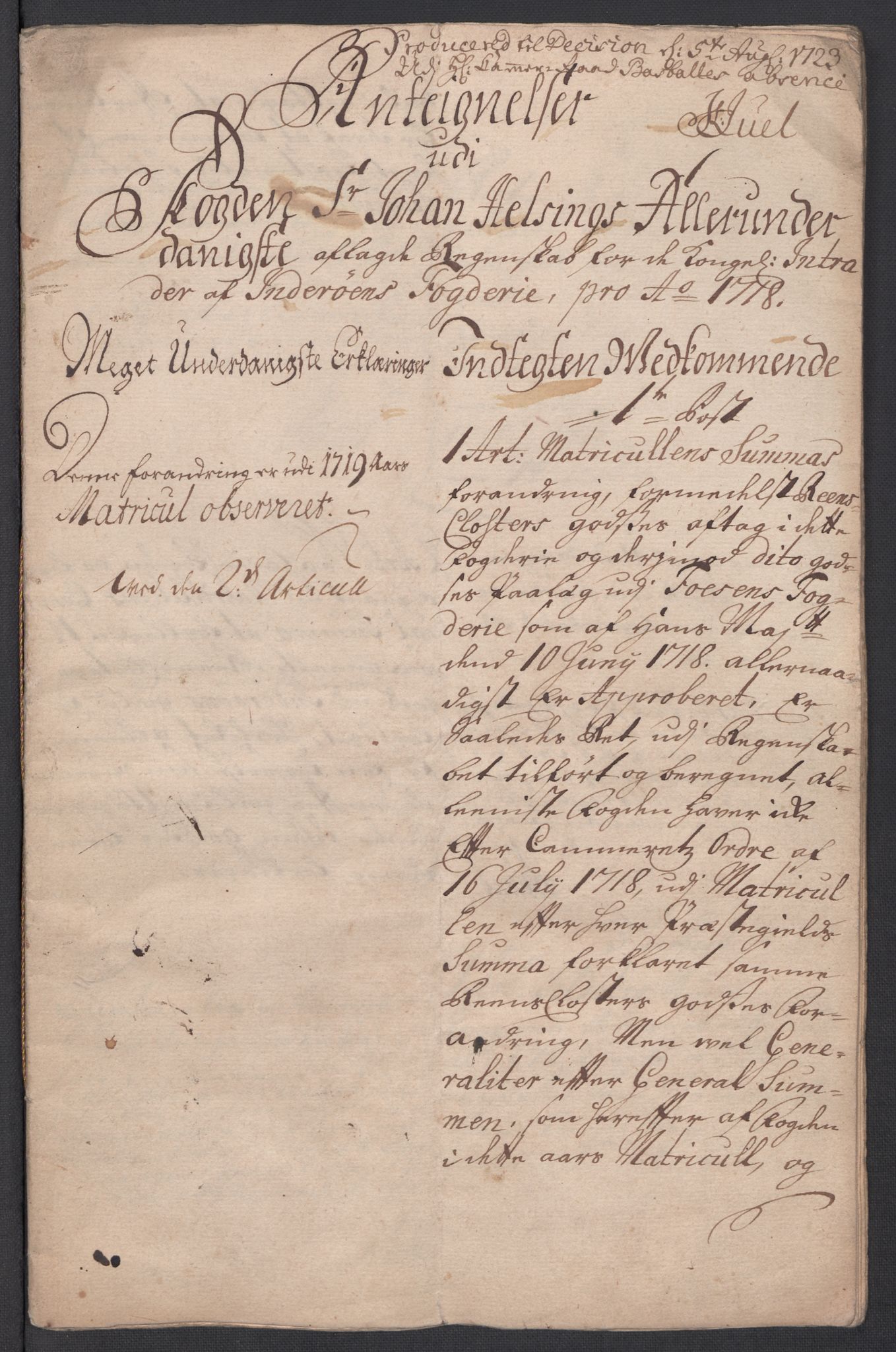 Rentekammeret inntil 1814, Reviderte regnskaper, Fogderegnskap, RA/EA-4092/R63/L4326: Fogderegnskap Inderøy, 1718, p. 314