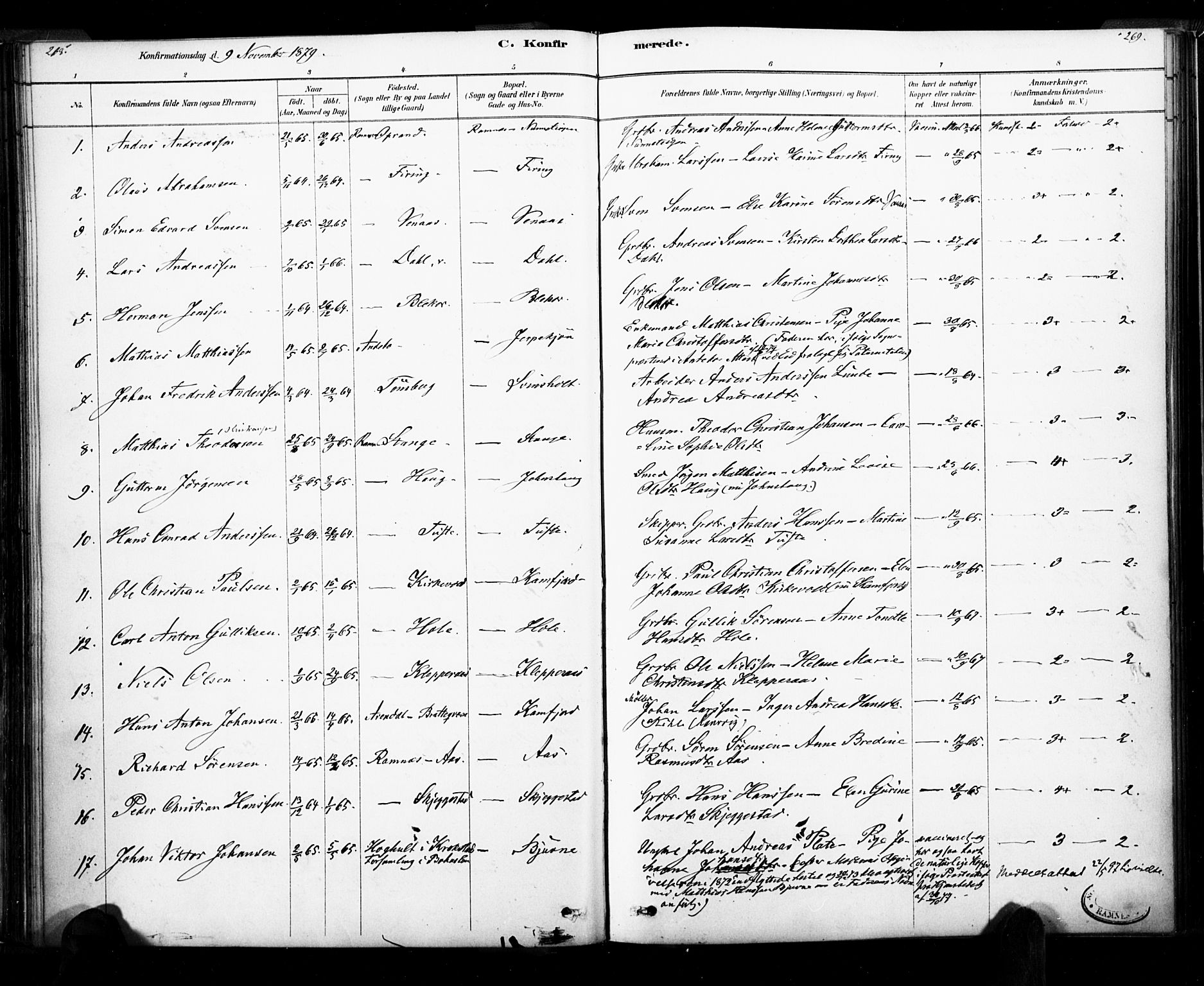 Ramnes kirkebøker, AV/SAKO-A-314/F/Fa/L0007: Parish register (official) no. I 7, 1878-1895, p. 268-269