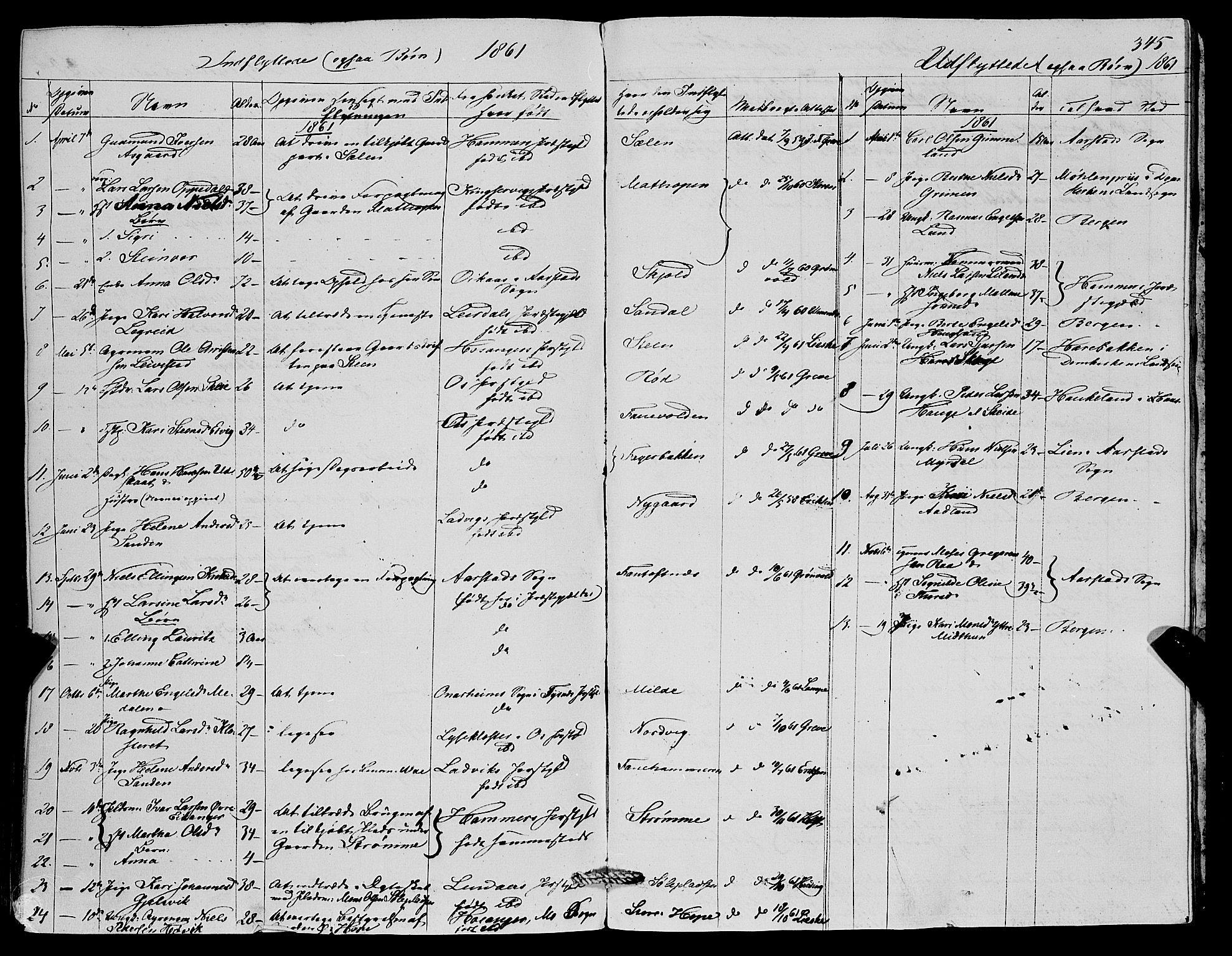 Fana Sokneprestembete, SAB/A-75101/H/Haa/Haaa/L0011: Parish register (official) no. A 11, 1851-1862, p. 345