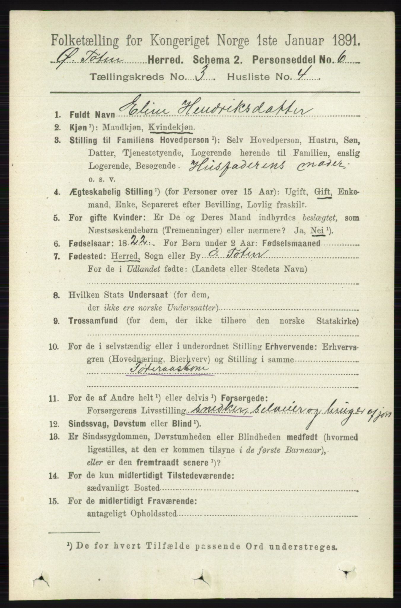 RA, 1891 census for 0528 Østre Toten, 1891, p. 1581