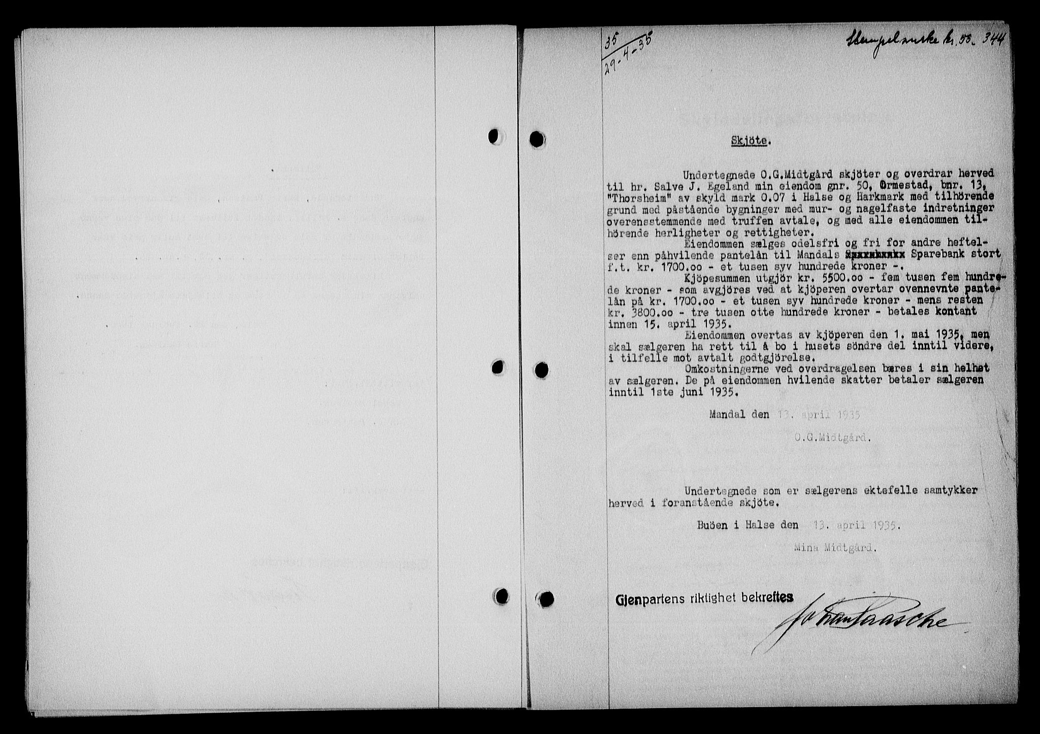 Mandal sorenskriveri, SAK/1221-0005/001/G/Gb/Gba/L0068: Mortgage book no. A-5, 1934-1935, Deed date: 29.04.1935
