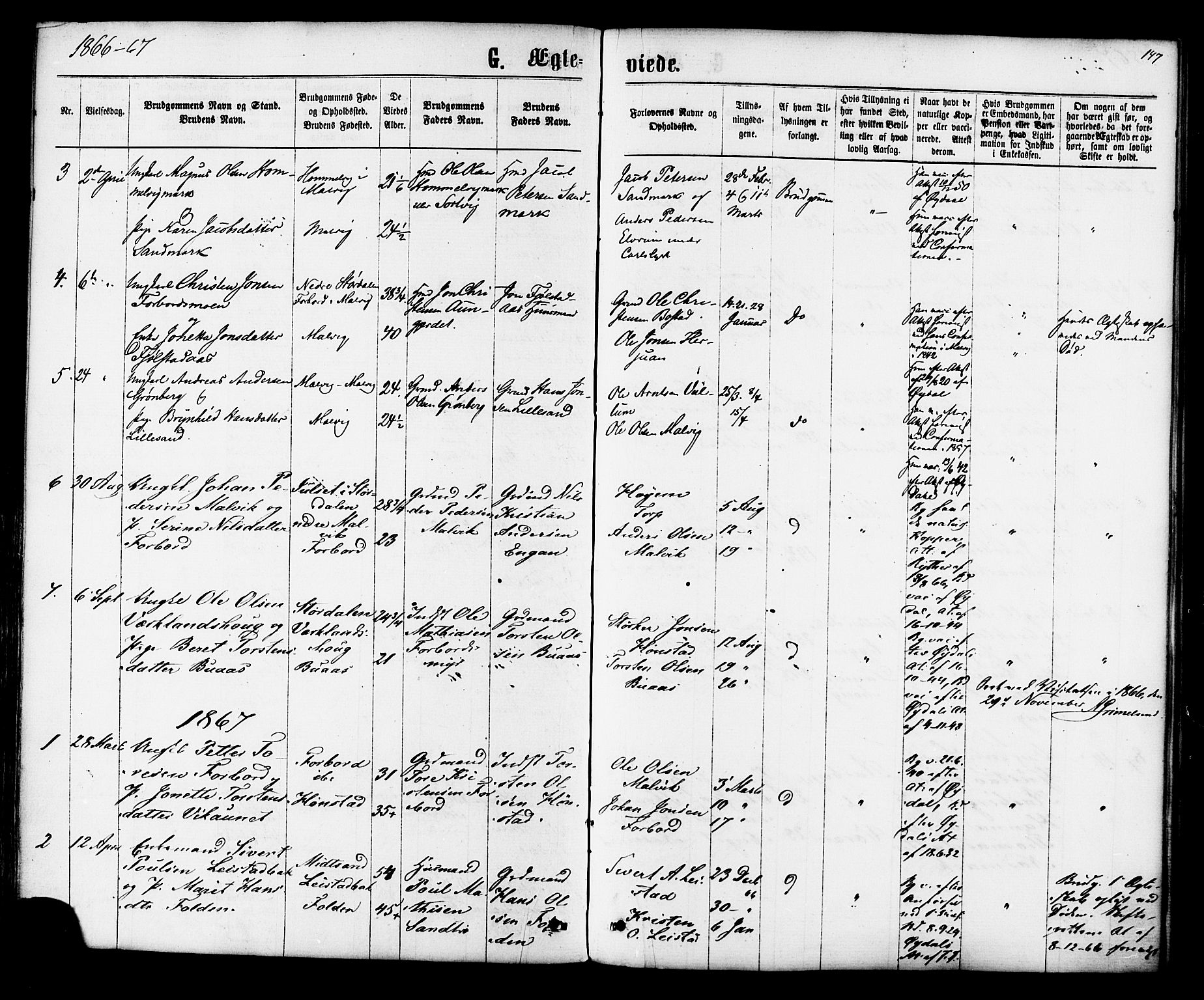 Ministerialprotokoller, klokkerbøker og fødselsregistre - Sør-Trøndelag, AV/SAT-A-1456/616/L0409: Parish register (official) no. 616A06, 1865-1877, p. 147