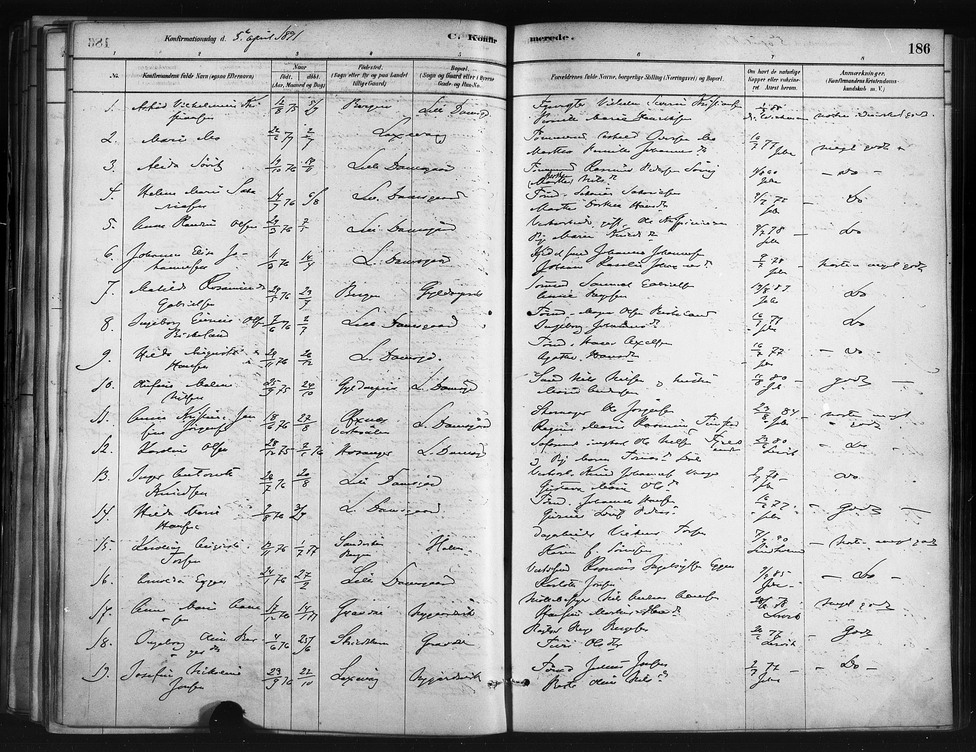 Askøy Sokneprestembete, AV/SAB-A-74101/H/Ha/Haa/Haae/L0002: Parish register (official) no. E 2, 1878-1891, p. 186