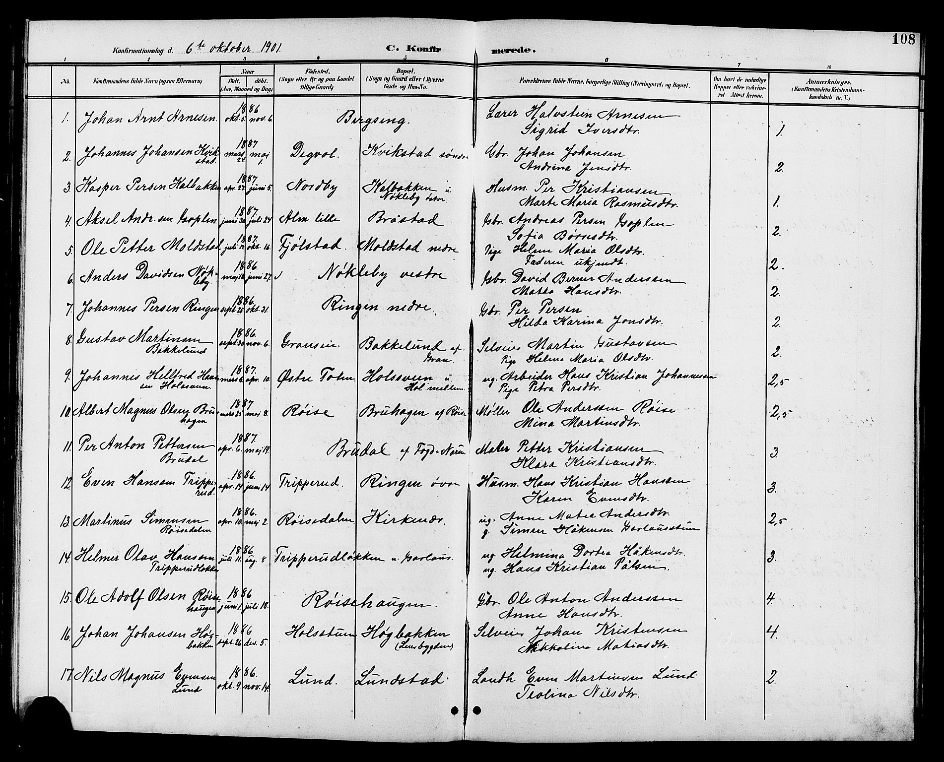 Vestre Toten prestekontor, SAH/PREST-108/H/Ha/Hab/L0011: Parish register (copy) no. 11, 1901-1911, p. 108