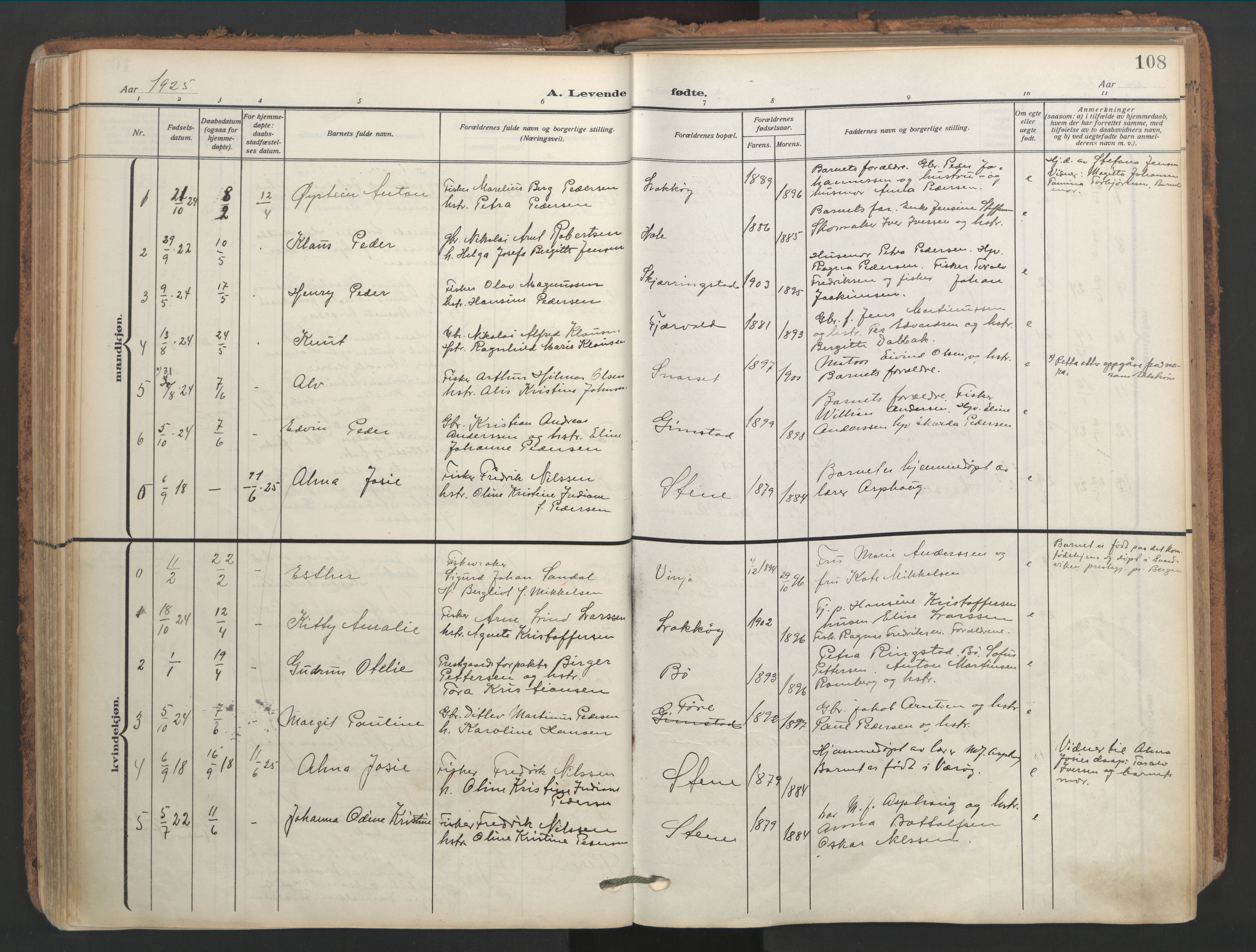 Ministerialprotokoller, klokkerbøker og fødselsregistre - Nordland, SAT/A-1459/891/L1306: Parish register (official) no. 891A11, 1911-1927, p. 108