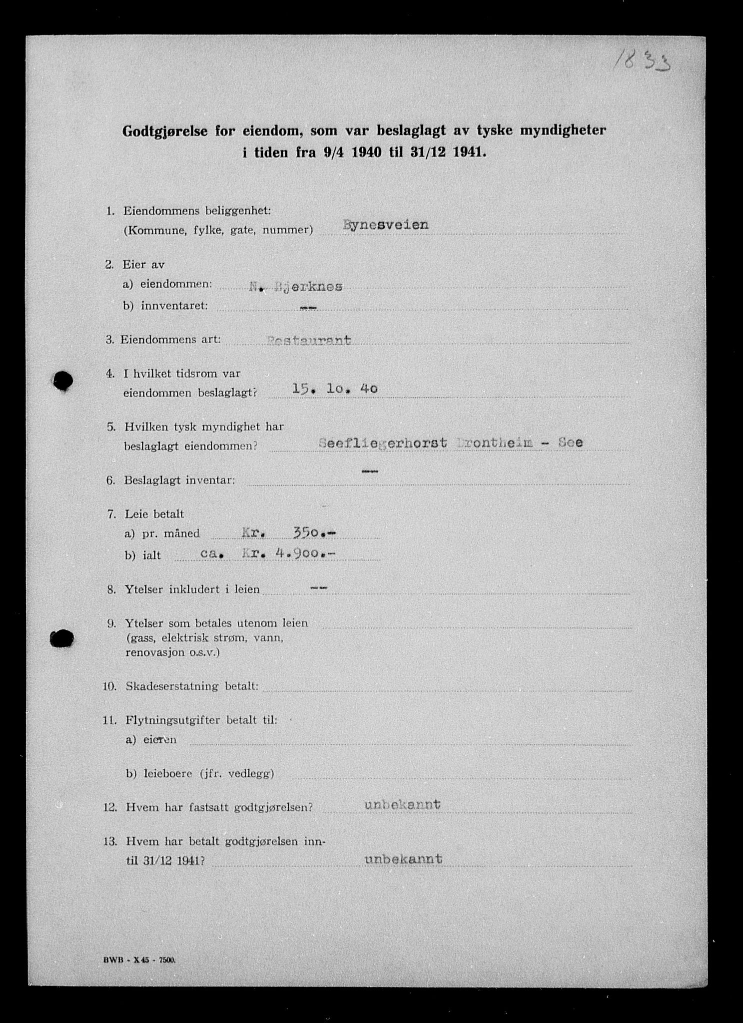 Justisdepartementet, Tilbakeføringskontoret for inndratte formuer, AV/RA-S-1564/I/L1018: Godtgjørelse for beslaglagt eiendom, 1940-1941, p. 7