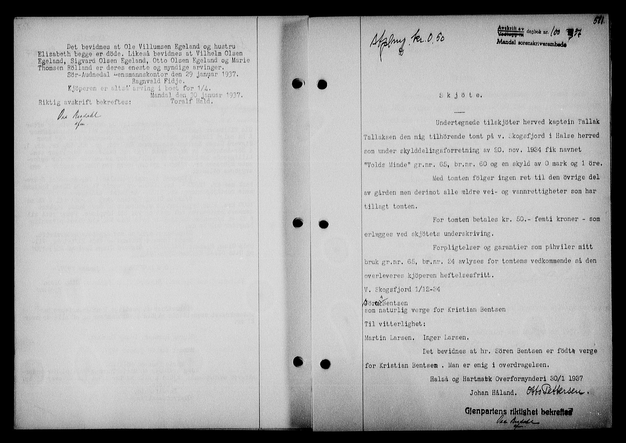 Mandal sorenskriveri, SAK/1221-0005/001/G/Gb/Gba/L0070: Mortgage book no. A-7, 1936-1937, Diary no: : 100/1937