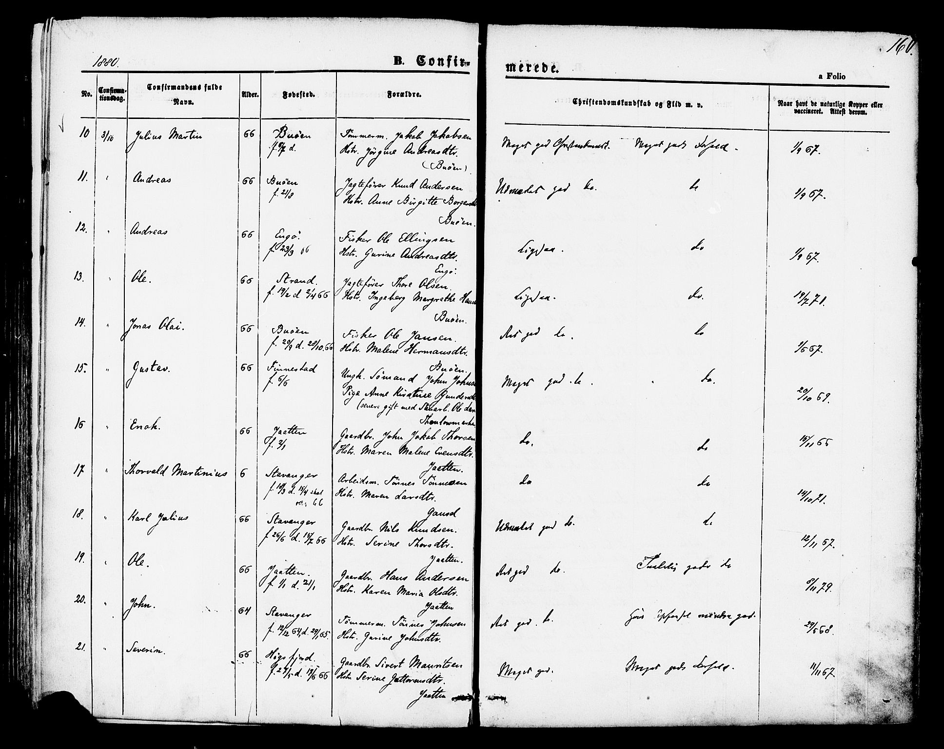 Hetland sokneprestkontor, SAST/A-101826/30/30BA/L0004: Parish register (official) no. A 4, 1862-1881, p. 160