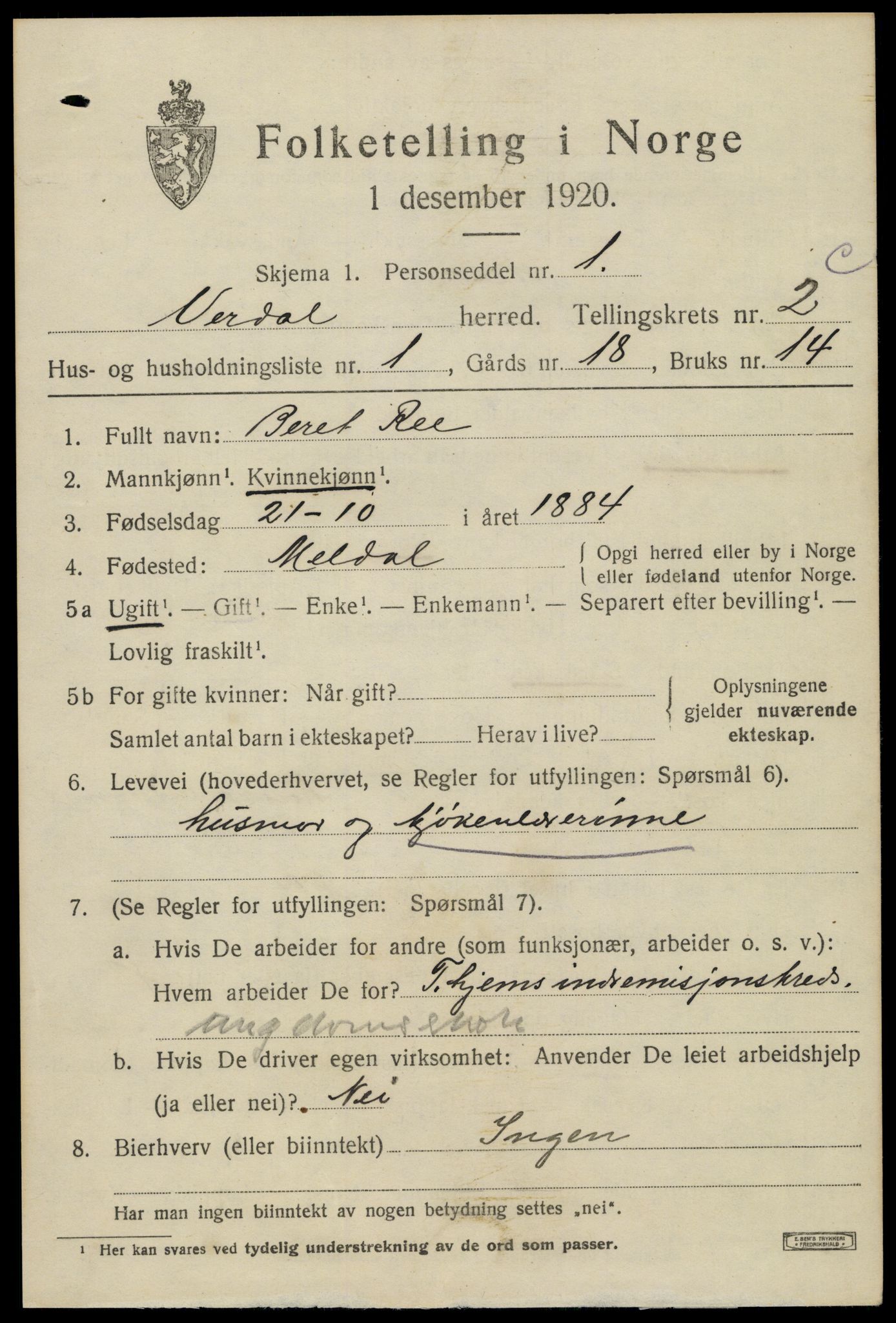 SAT, 1920 census for Verdal, 1920, p. 5327