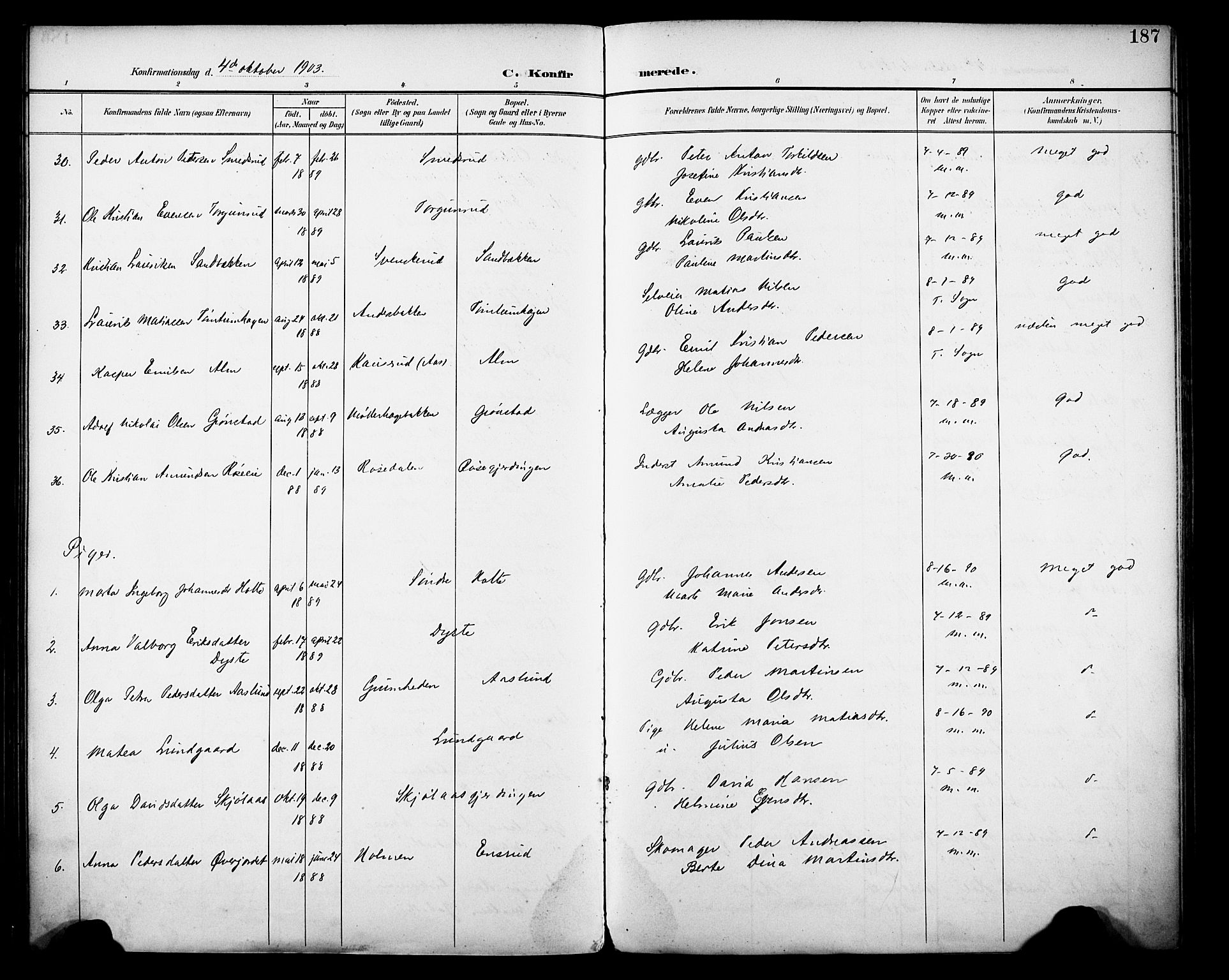 Vestre Toten prestekontor, AV/SAH-PREST-108/H/Ha/Haa/L0013: Parish register (official) no. 13, 1895-1911, p. 187