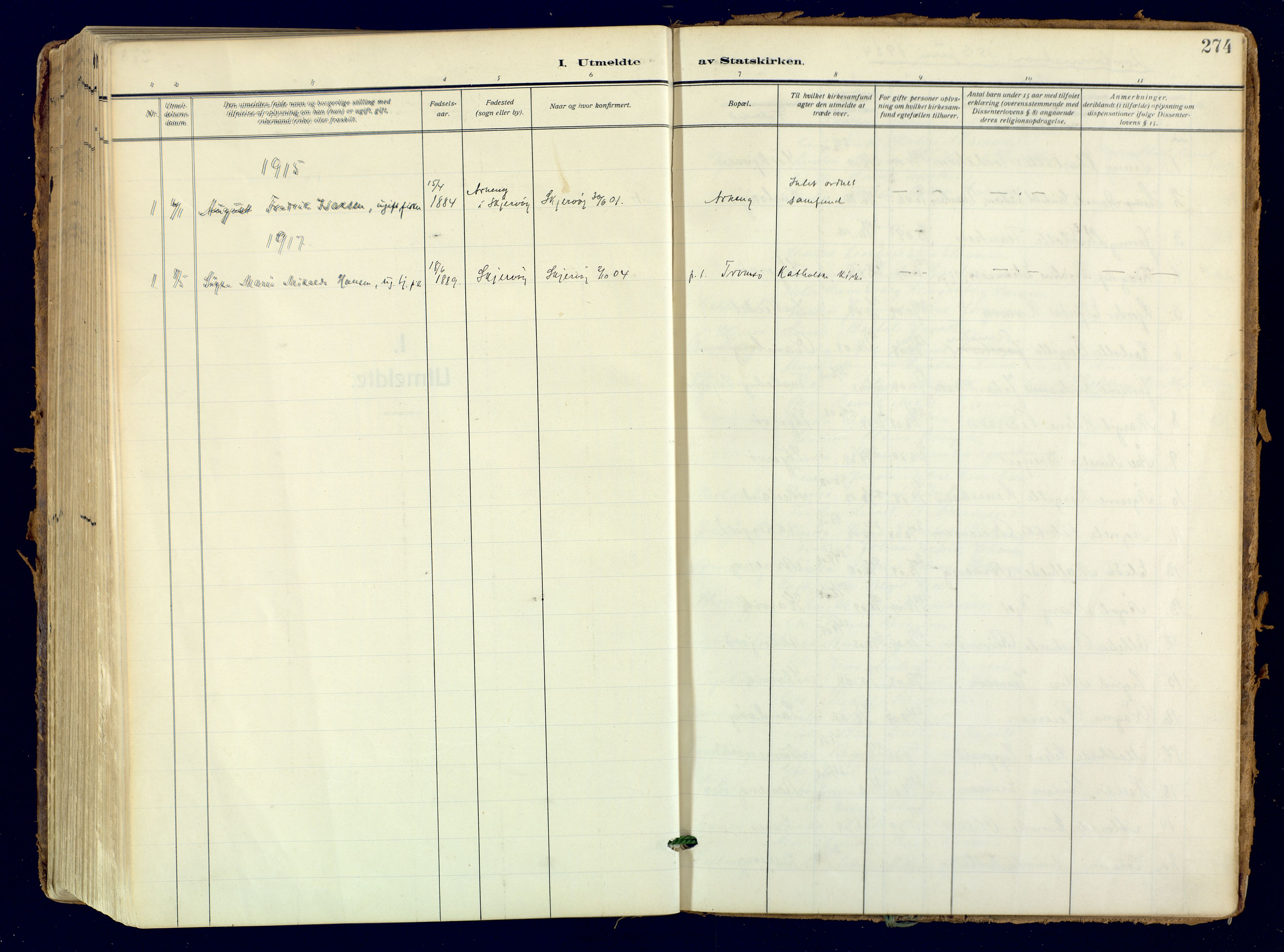 Skjervøy sokneprestkontor, AV/SATØ-S-1300/H/Ha/Haa: Parish register (official) no. 18, 1910-1926, p. 274