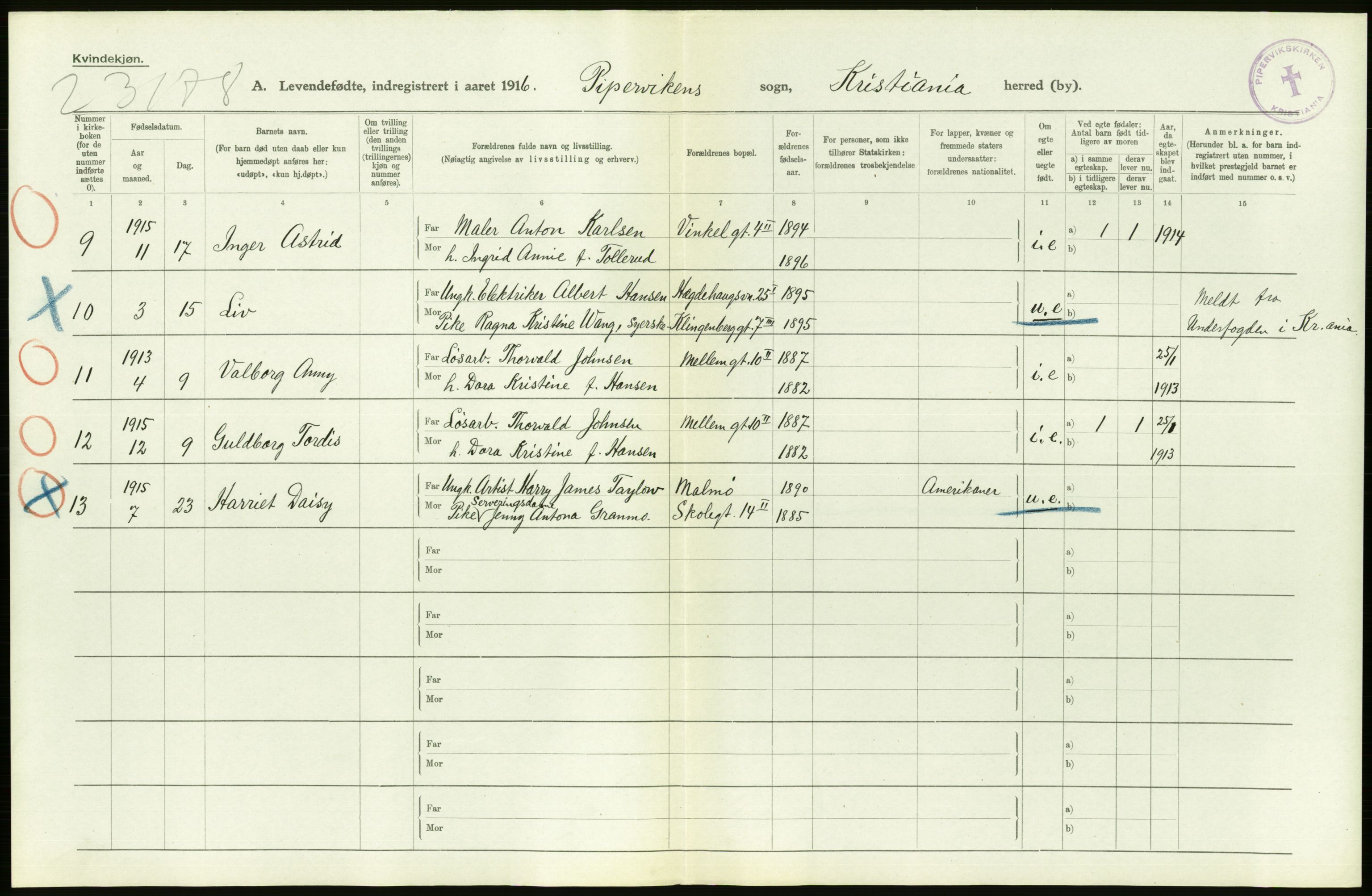 Statistisk sentralbyrå, Sosiodemografiske emner, Befolkning, AV/RA-S-2228/D/Df/Dfb/Dfbf/L0007: Kristiania: Levendefødte menn og kvinner., 1916, p. 504