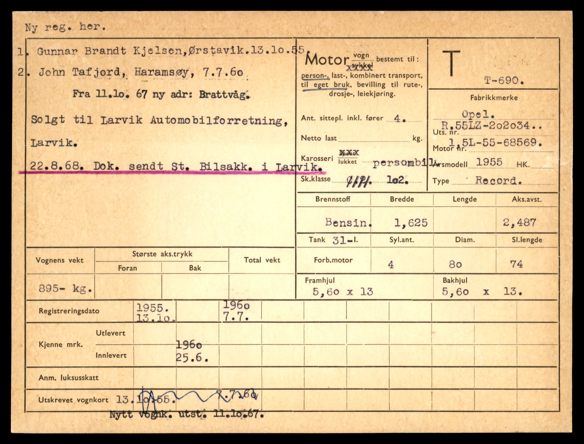 Møre og Romsdal vegkontor - Ålesund trafikkstasjon, SAT/A-4099/F/Fe/L0007: Registreringskort for kjøretøy T 651 - T 746, 1927-1998, p. 1315