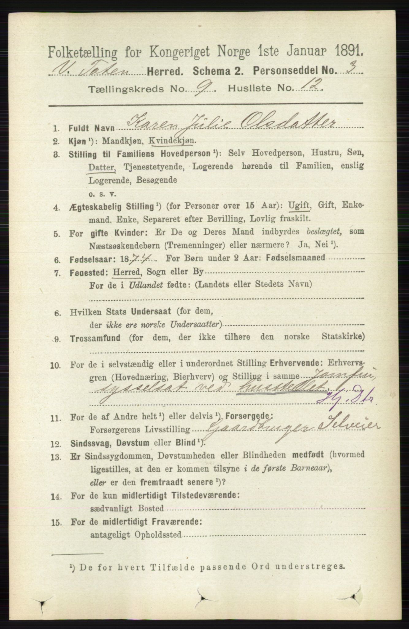 RA, 1891 census for 0529 Vestre Toten, 1891, p. 5621