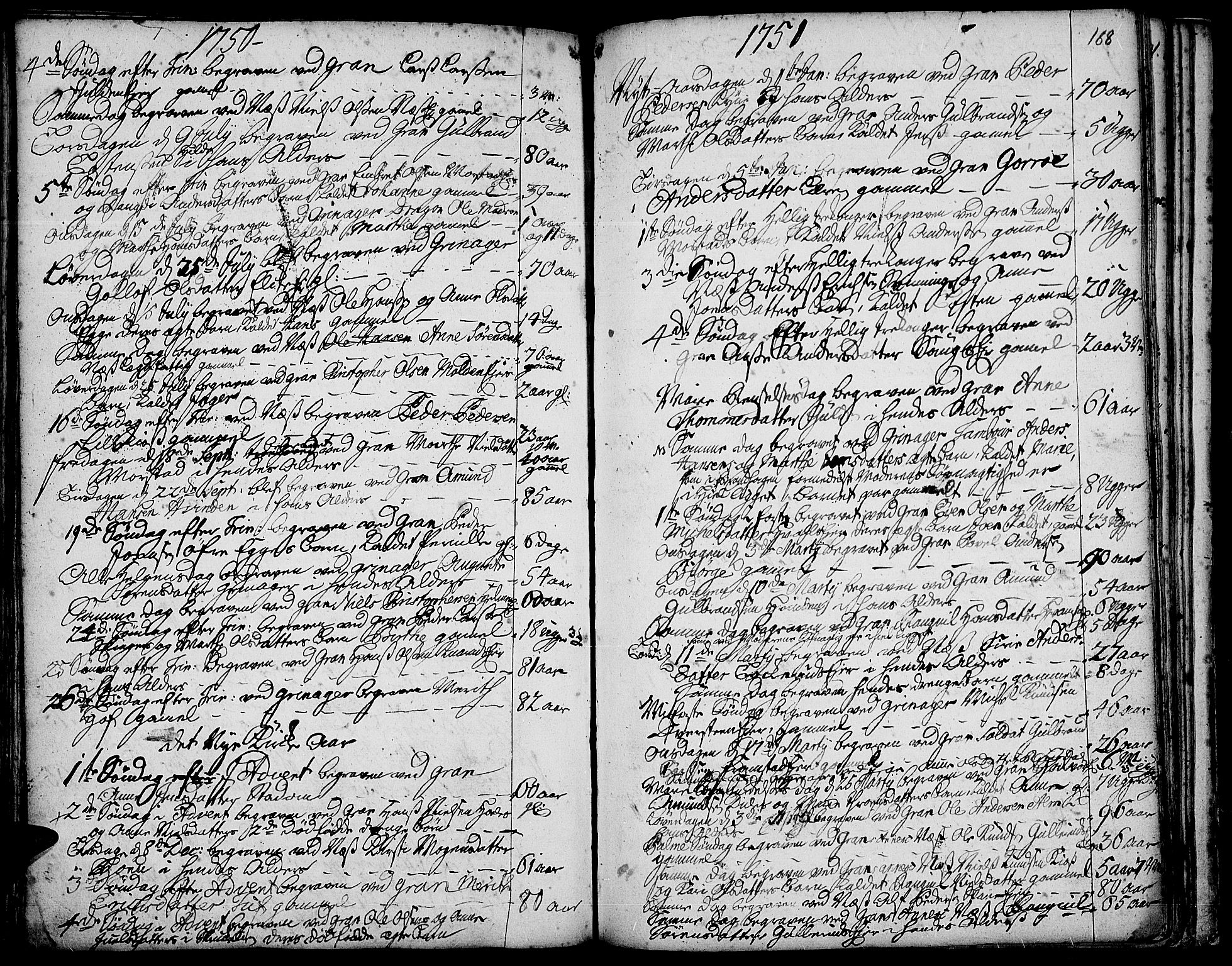 Gran prestekontor, AV/SAH-PREST-112/H/Ha/Haa/L0003: Parish register (official) no. 3, 1745-1758, p. 188