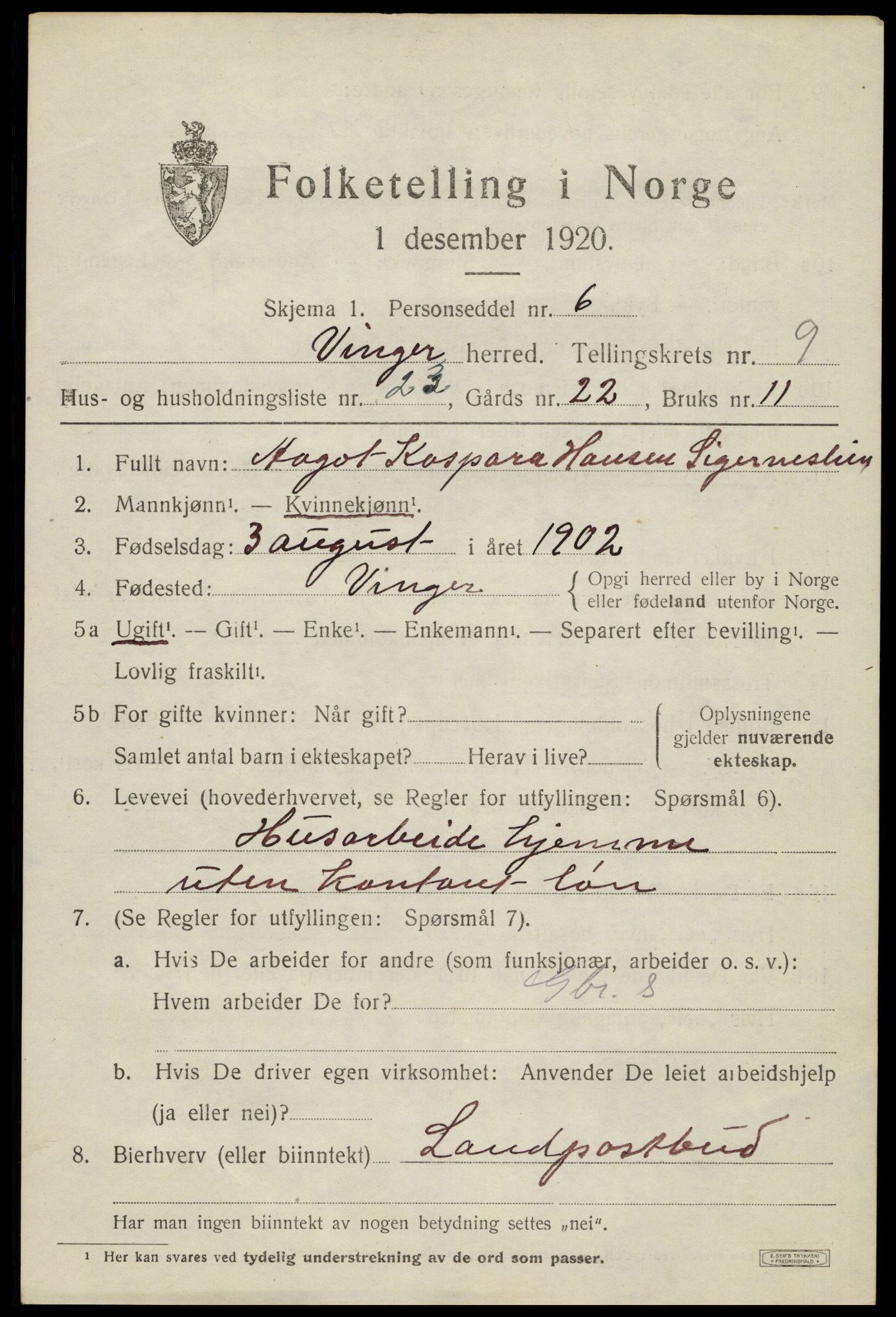 SAH, 1920 census for Vinger, 1920, p. 8366