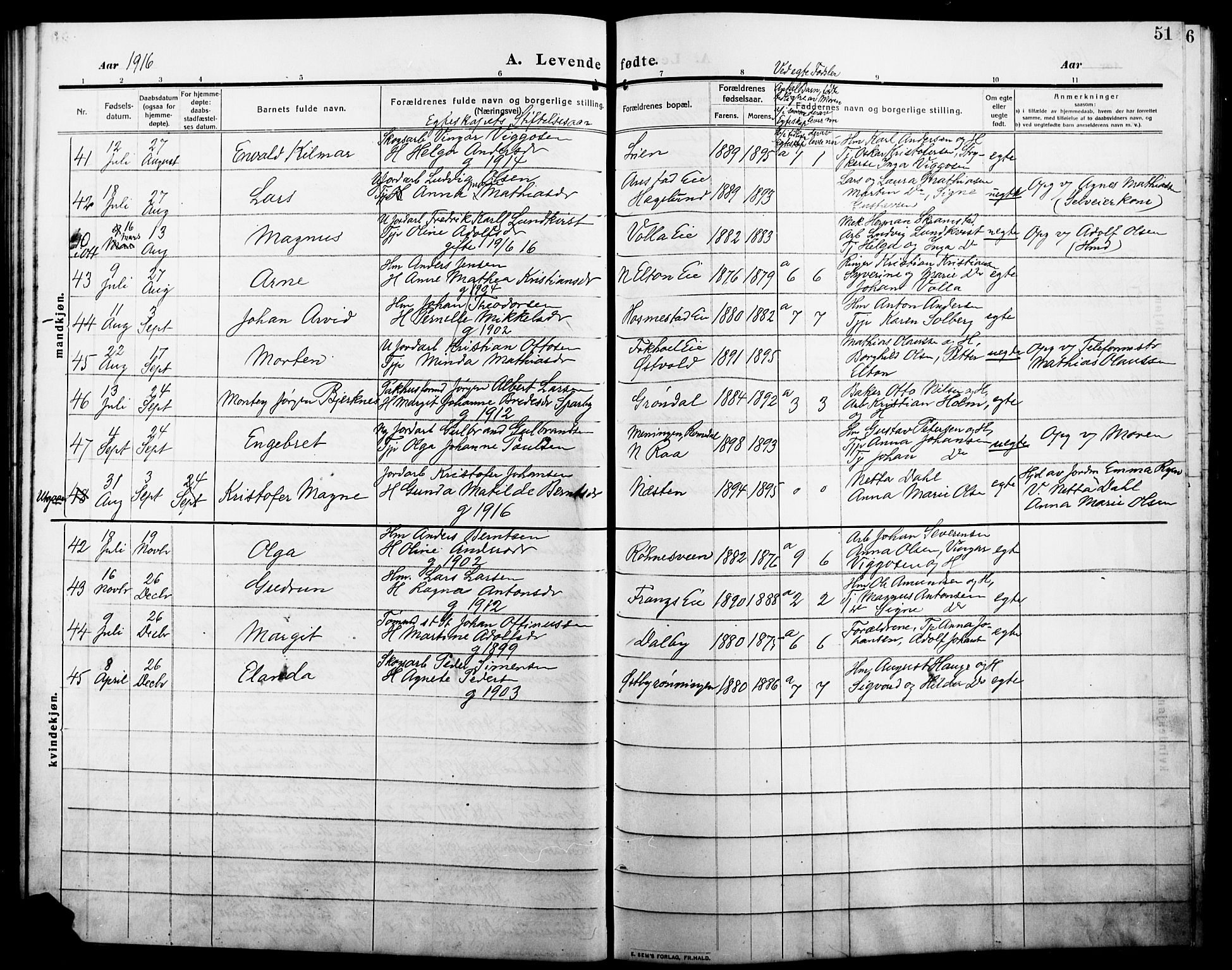 Stange prestekontor, AV/SAH-PREST-002/L/L0014: Parish register (copy) no. 14, 1909-1917, p. 51
