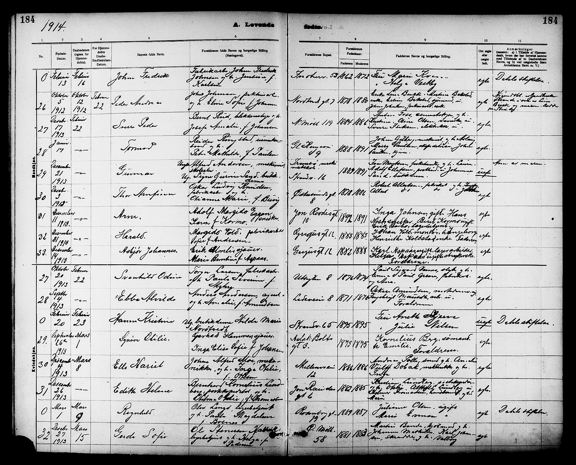 Ministerialprotokoller, klokkerbøker og fødselsregistre - Sør-Trøndelag, AV/SAT-A-1456/605/L0254: Parish register (copy) no. 605C01, 1908-1916, p. 184