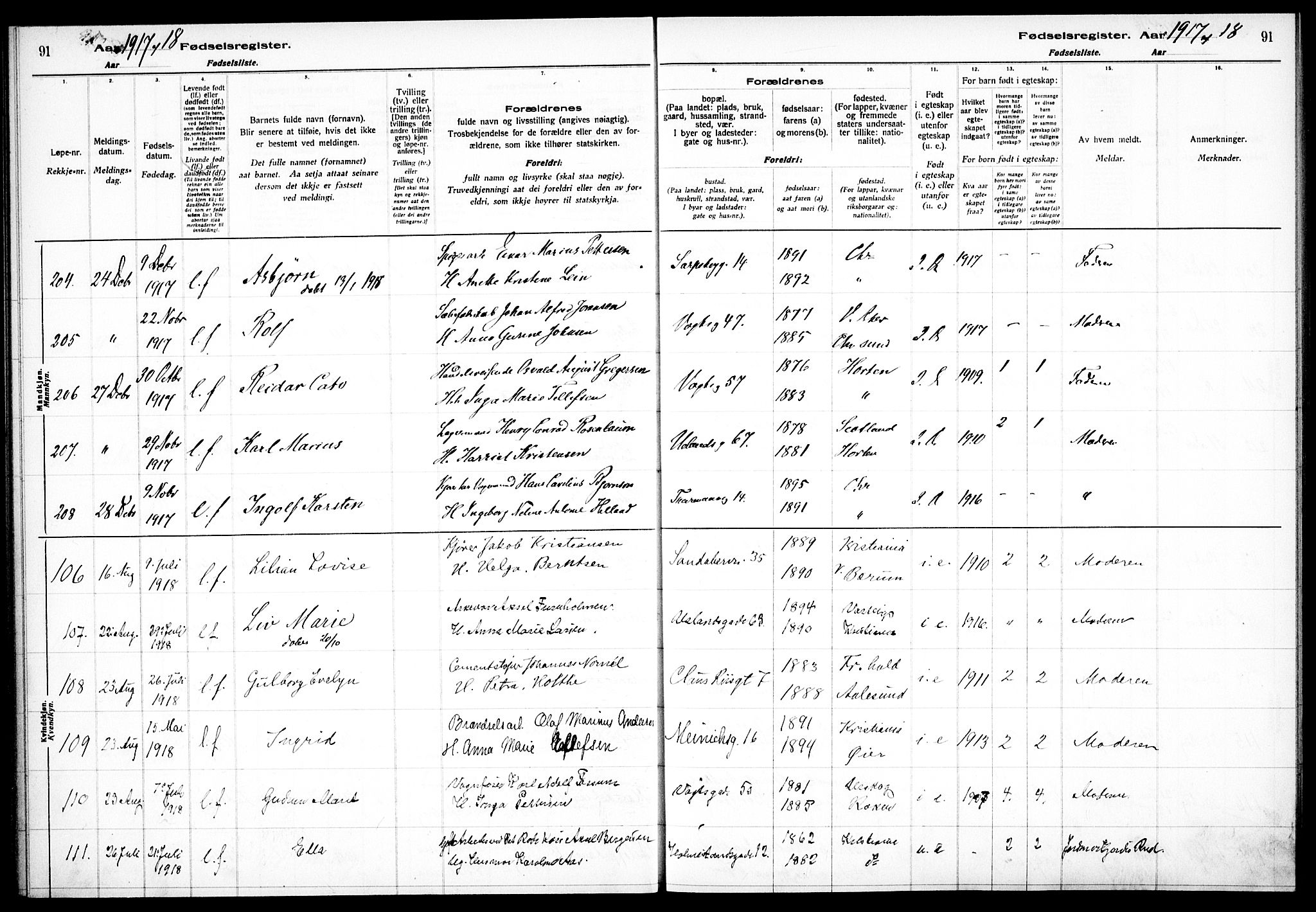 Sagene prestekontor Kirkebøker, AV/SAO-A-10796/J/L0001: Birth register no. 1, 1916-1920, p. 91