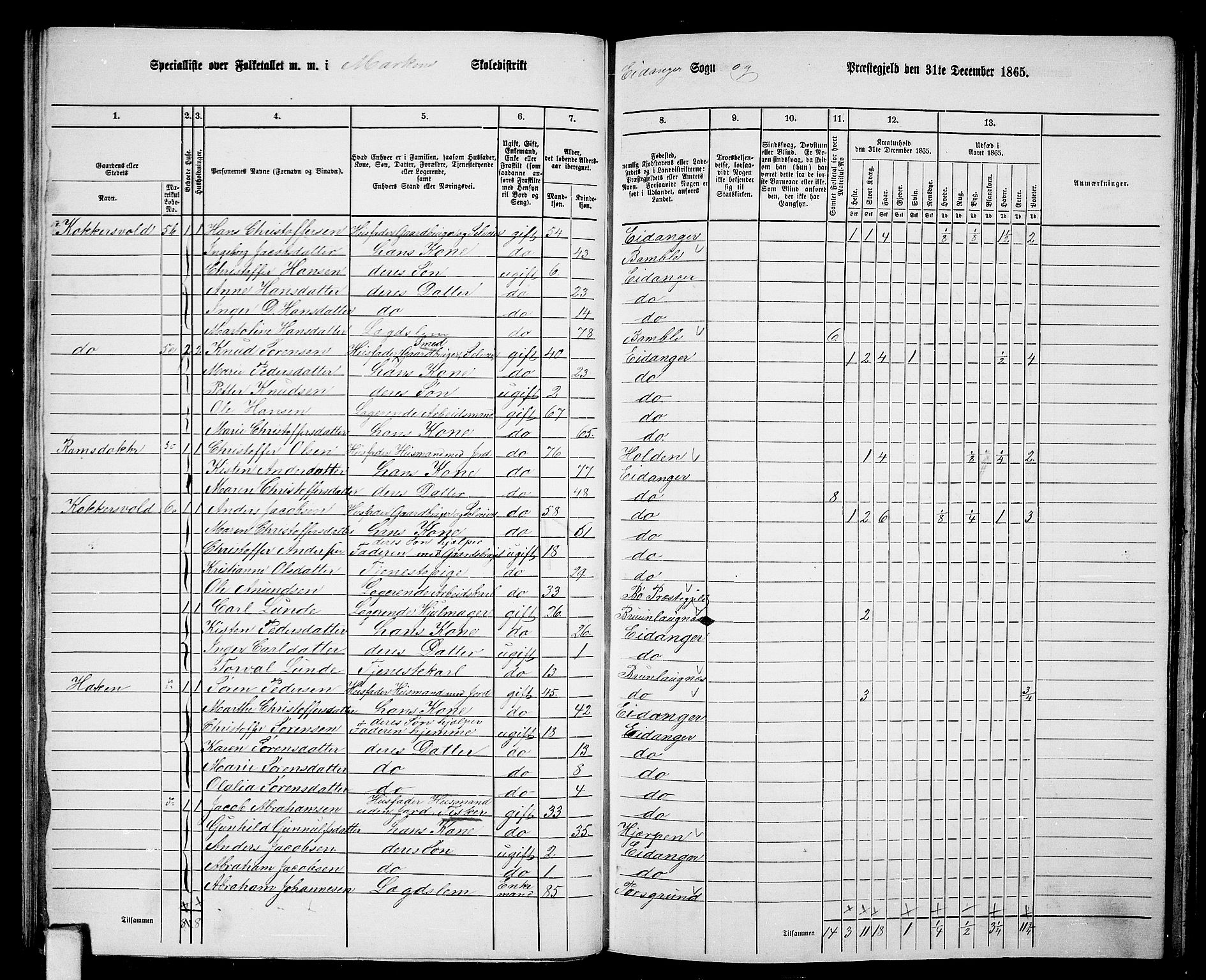 RA, 1865 census for Eidanger, 1865, p. 38