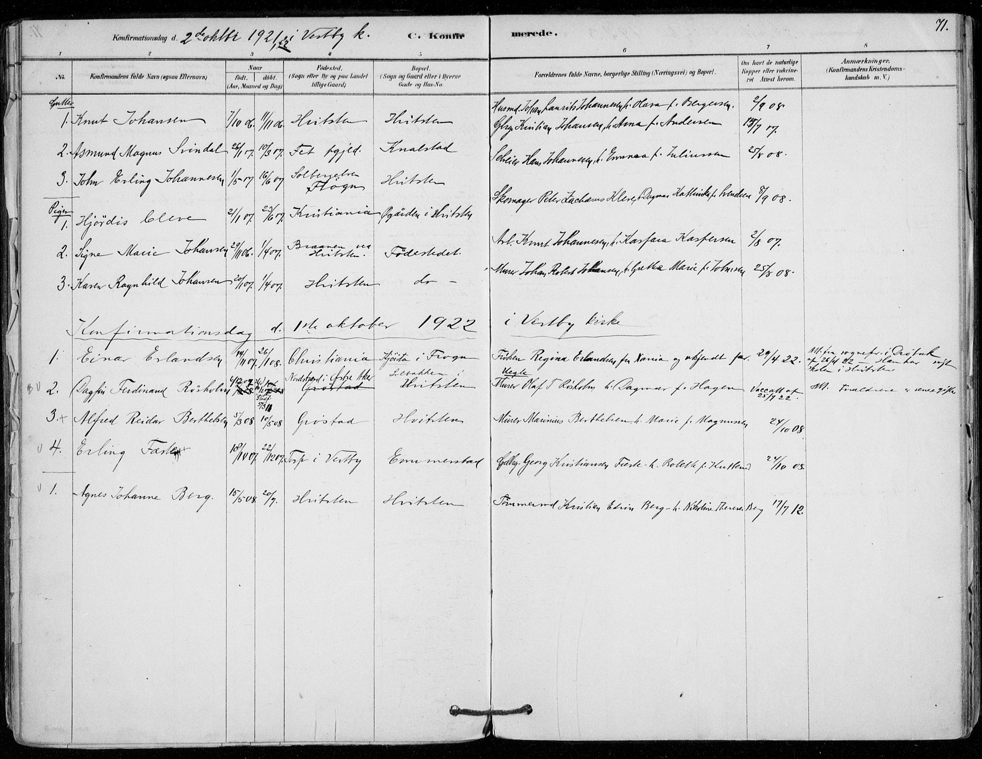 Vestby prestekontor Kirkebøker, SAO/A-10893/F/Fd/L0001: Parish register (official) no. IV 1, 1878-1945, p. 71