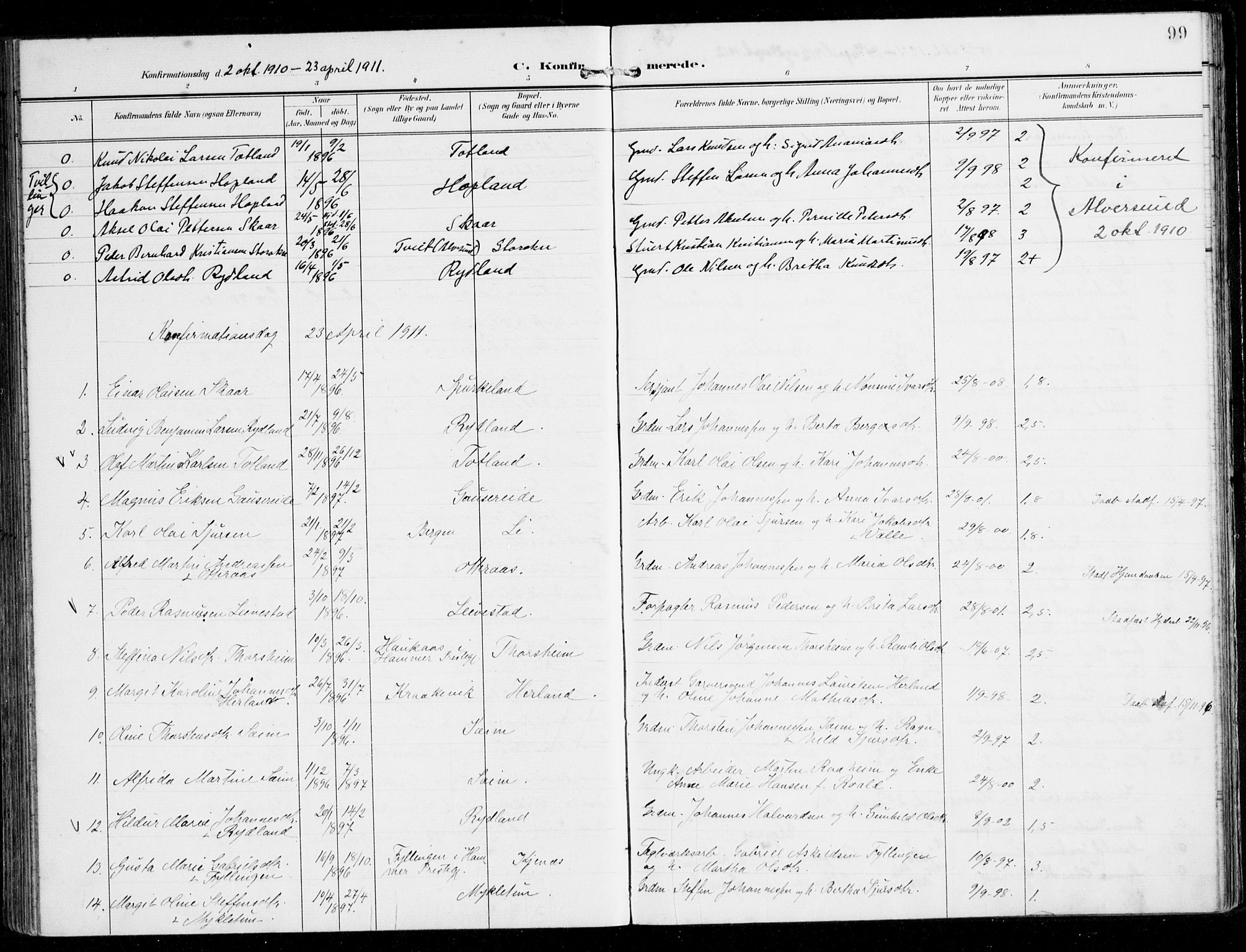 Alversund Sokneprestembete, AV/SAB-A-73901/H/Ha/Haa/Haad/L0004: Parish register (official) no. D 4, 1898-1926, p. 99