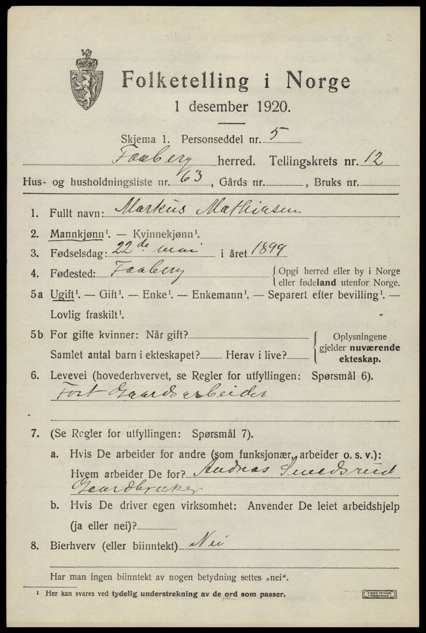 SAH, 1920 census for Fåberg, 1920, p. 13526