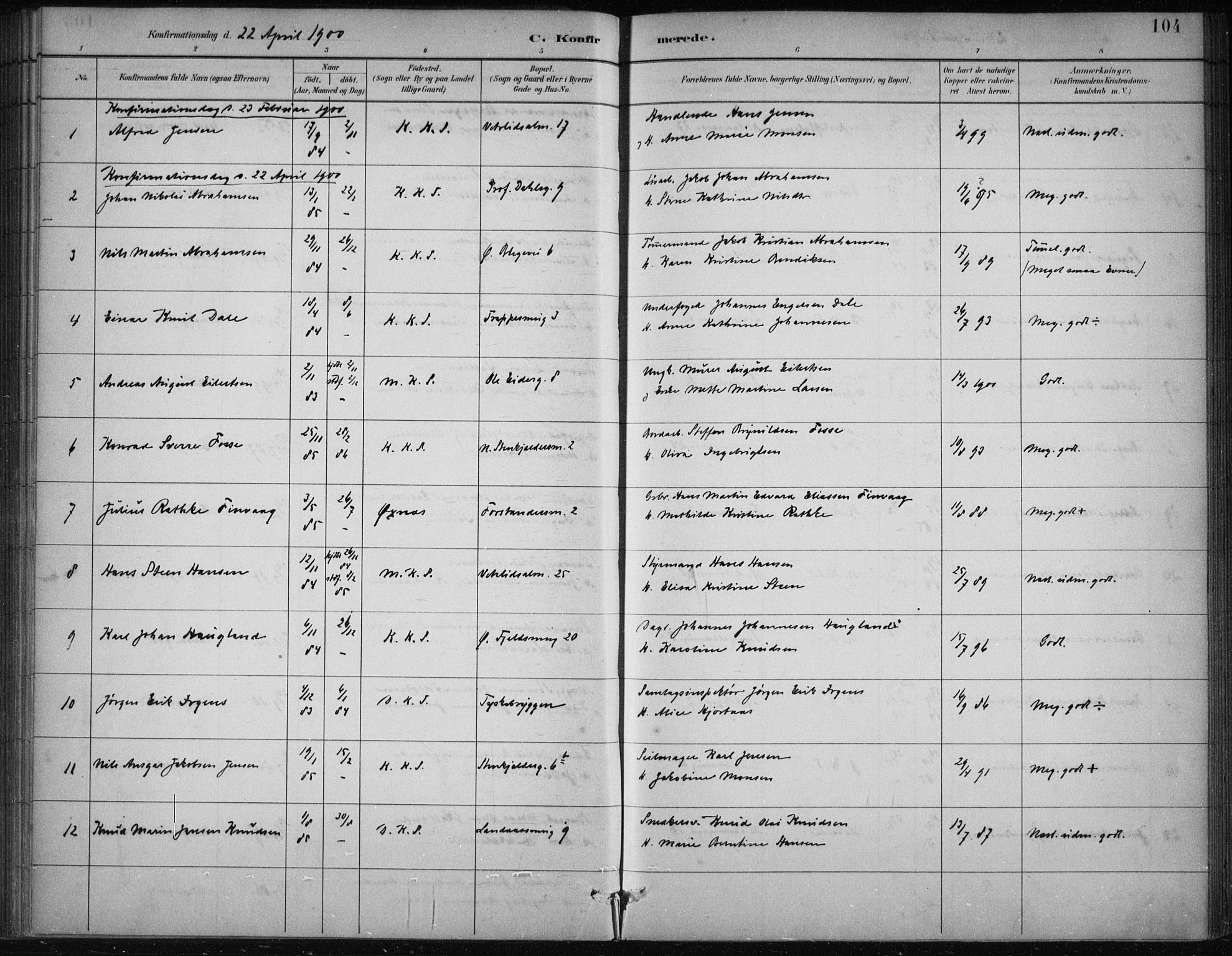 Korskirken sokneprestembete, AV/SAB-A-76101/H/Hab: Parish register (copy) no. C 4, 1893-1905, p. 104