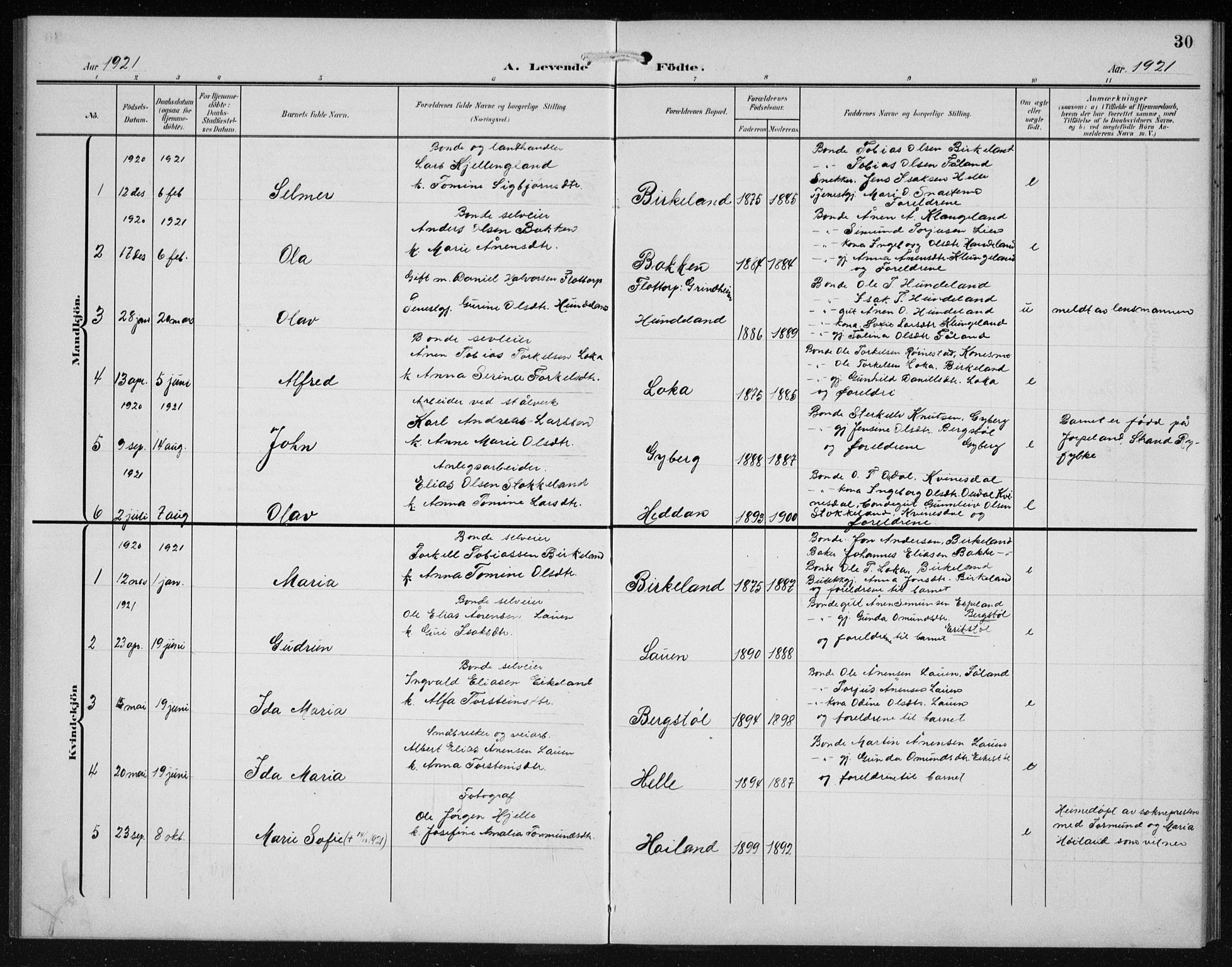 Hægebostad sokneprestkontor, SAK/1111-0024/F/Fb/Fba/L0005: Parish register (copy) no. B 5, 1907-1931, p. 30