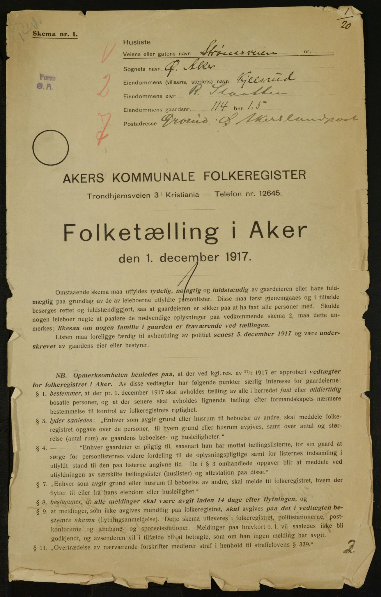 OBA, Municipal Census 1917 for Aker, 1917, p. 31493