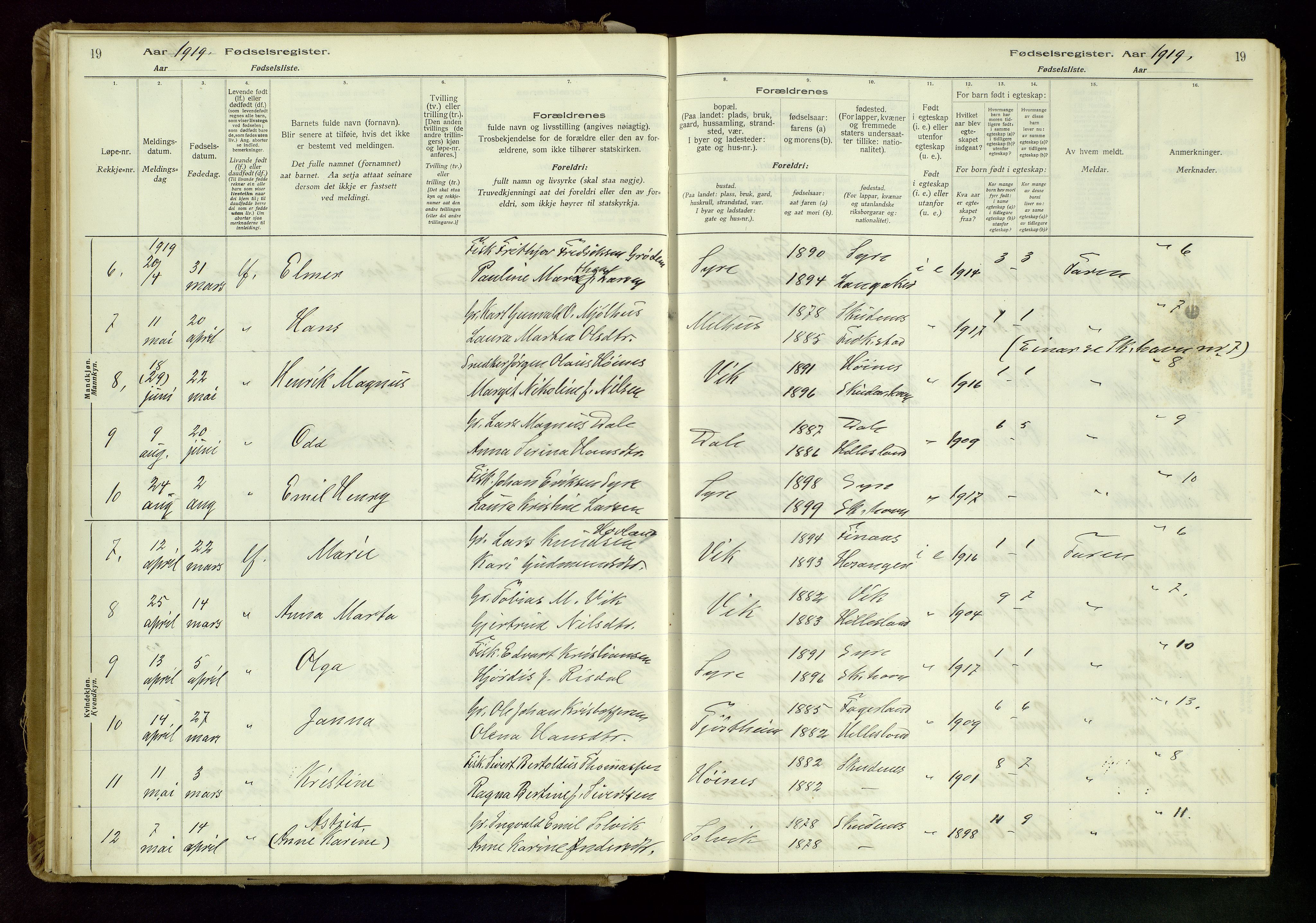 Skudenes sokneprestkontor, SAST/A -101849/I/Id/L0001: Birth register no. 1, 1916-1964, p. 19