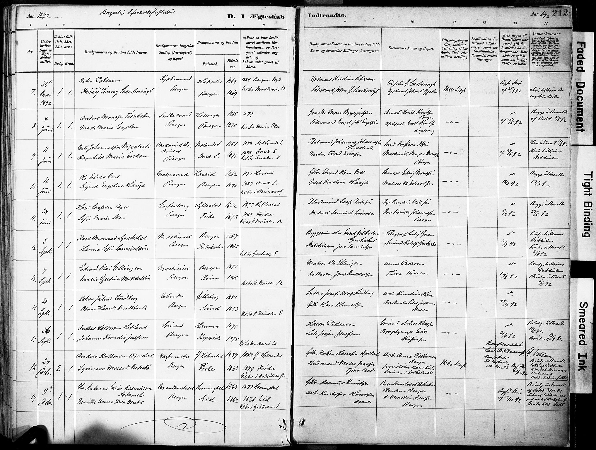 Domkirken sokneprestembete, SAB/A-74801/H/Haa/L0037: Parish register (official) no. D 4, 1880-1907, p. 212
