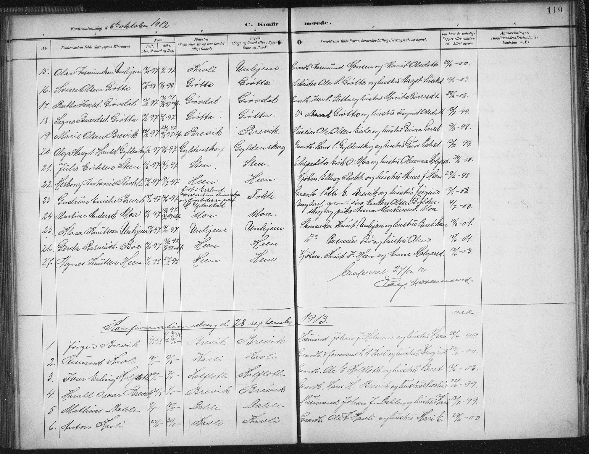 Ministerialprotokoller, klokkerbøker og fødselsregistre - Møre og Romsdal, SAT/A-1454/545/L0589: Parish register (copy) no. 545C03, 1902-1937, p. 119