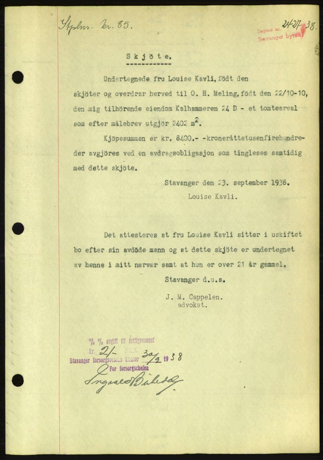 Stavanger byrett, SAST/A-100455/002/G/Gb/L0013: Mortgage book no. A3, 1937-1938, Diary no: : 2427/1938
