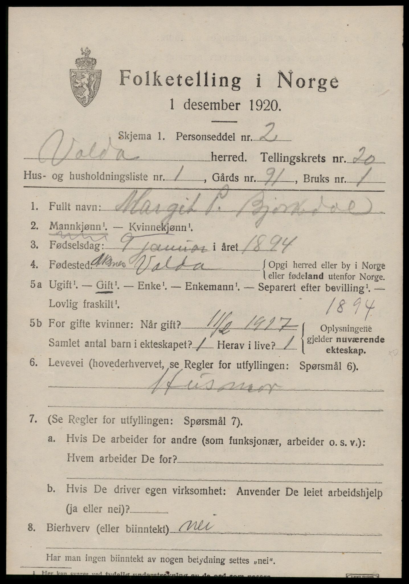 SAT, 1920 census for Volda, 1920, p. 10512